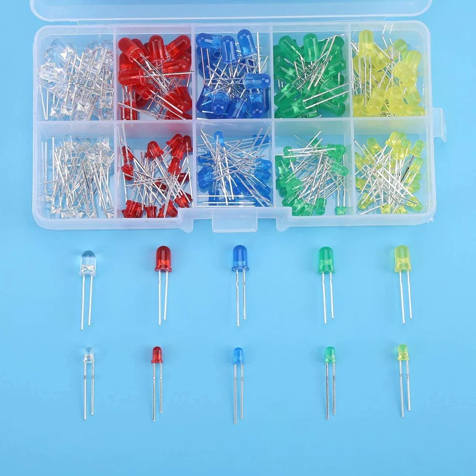 200 Sztuk 3mm 5mm Mini 5 Kolorów żarówki żarówki LED Różne Czerwony żółty Biały Zielony Niebieski Okrągły 2 Pin Rozproszone Diody LED Zestaw Diod Elektroluminescencyjnych z Oznakowanym Plastikowym Pud
