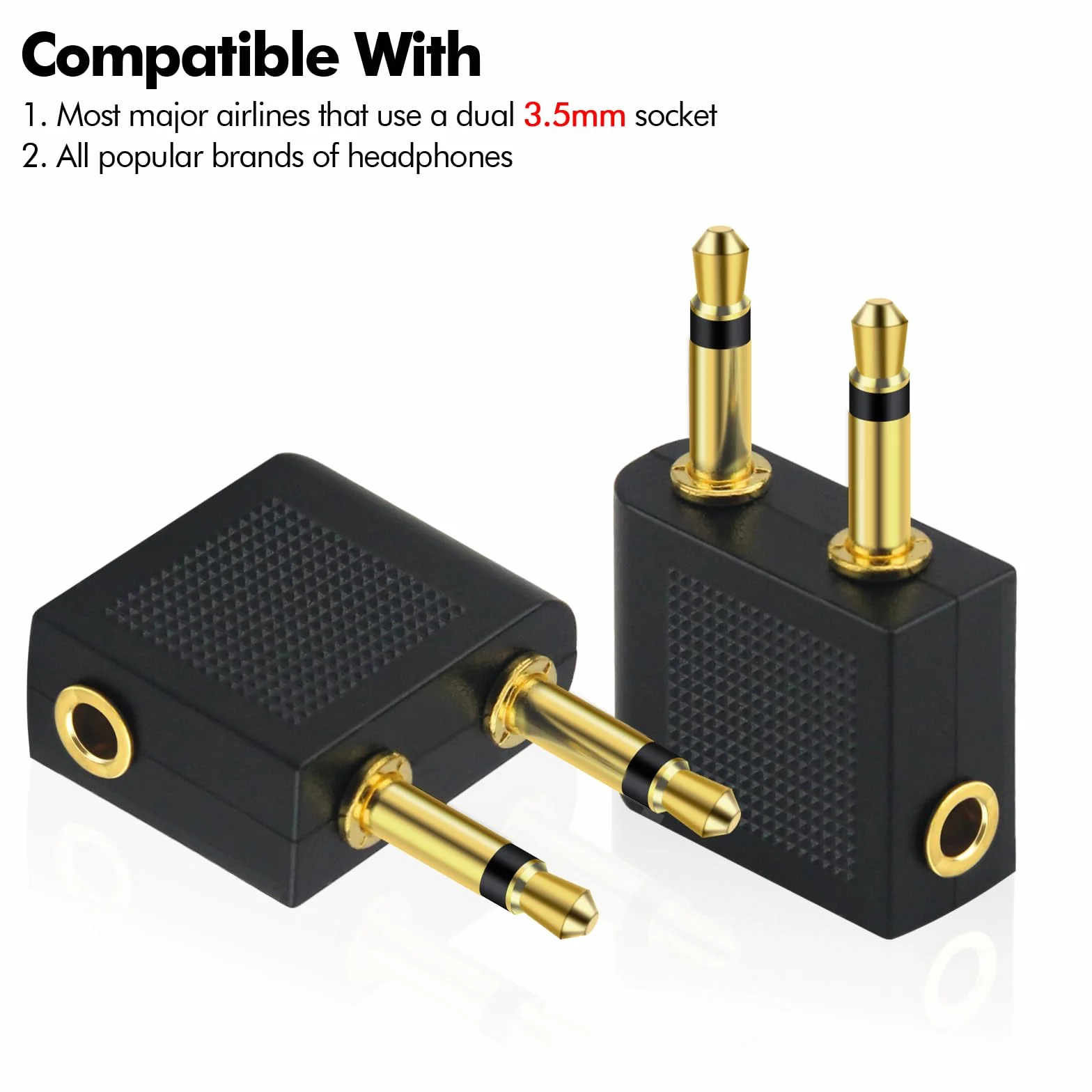 poeland Adapter słuchawek Airline Airplane do słuchawek, AUX, podwójny 3,5 mm męski na 3,5 mm żeński pozłacany (3 sztuki)