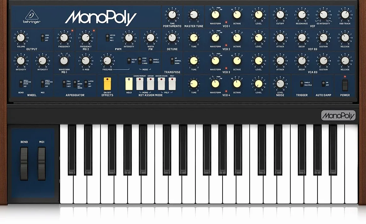 Behringer Monopoly analogowy 4-głosowy syntezator polifoniczny z 37 przyciskami w pełnym rozmiarze, 4 VCOs, VCF, 2 LFO, 2 krzywe koperty, modulacja synchronizacji i crossu oraz arpeggiator
