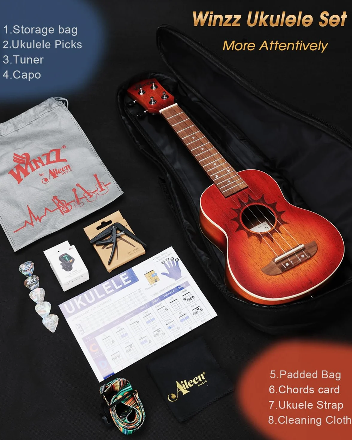 Winzz Ukulele sopranowe dla dorosłych i dzieci - 53 cm mahoń, struny węglowe, matowy sunburst