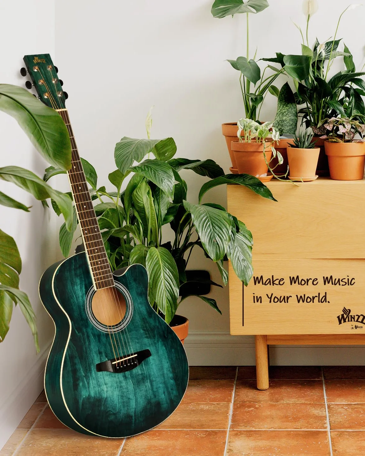Winzz gitara akustyczna ze stalową struną, początkujący, elegancka, unikalny wzór kolorów, 100 cm, niebiesko-zielona