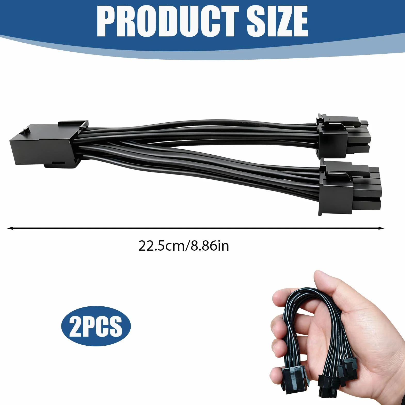 Zestaw 2 kabli PCIe 8-pinowych do Dual PCIe 8-pinowych (6+2), kabel zasilający GPU 22 cm, przedłużenie zasilacza na kartę graficzną, kompatybilność z kartami wideo o dużej mocy, zarządzanie kablami PC