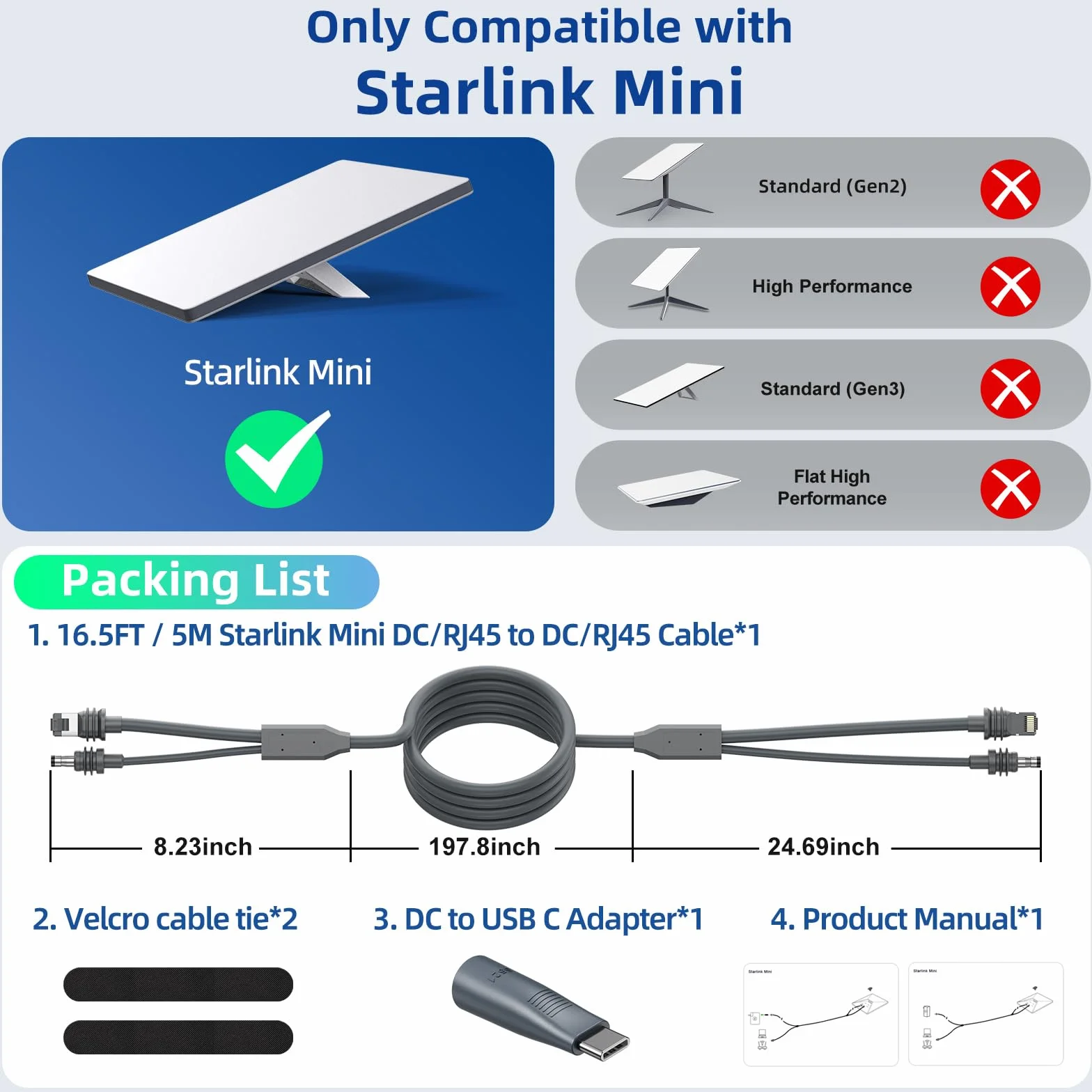 4 w 1 Starlink Mini DC/RJ45 do DC/RJ45 kabel 4 w 1 z adapterem DC na USB C, zamiennik wodoodpornego przedłużacza Starlink Mini kabel zasilający akcesoria