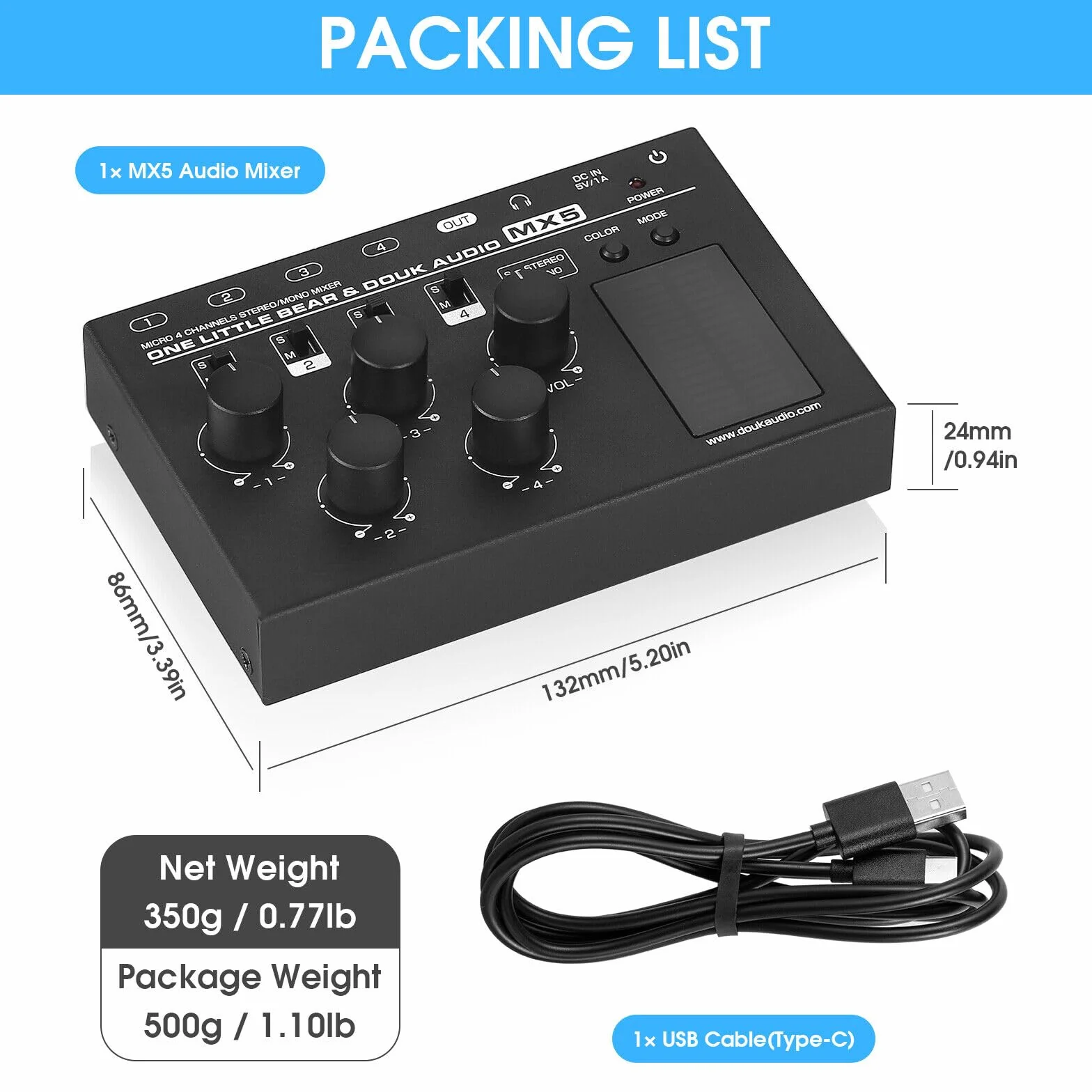 Douk Audio MX5 Mono/Stereo 4-kanałowy mikser audio, ultra cichy mikser liniowy, miernik poziomu LED