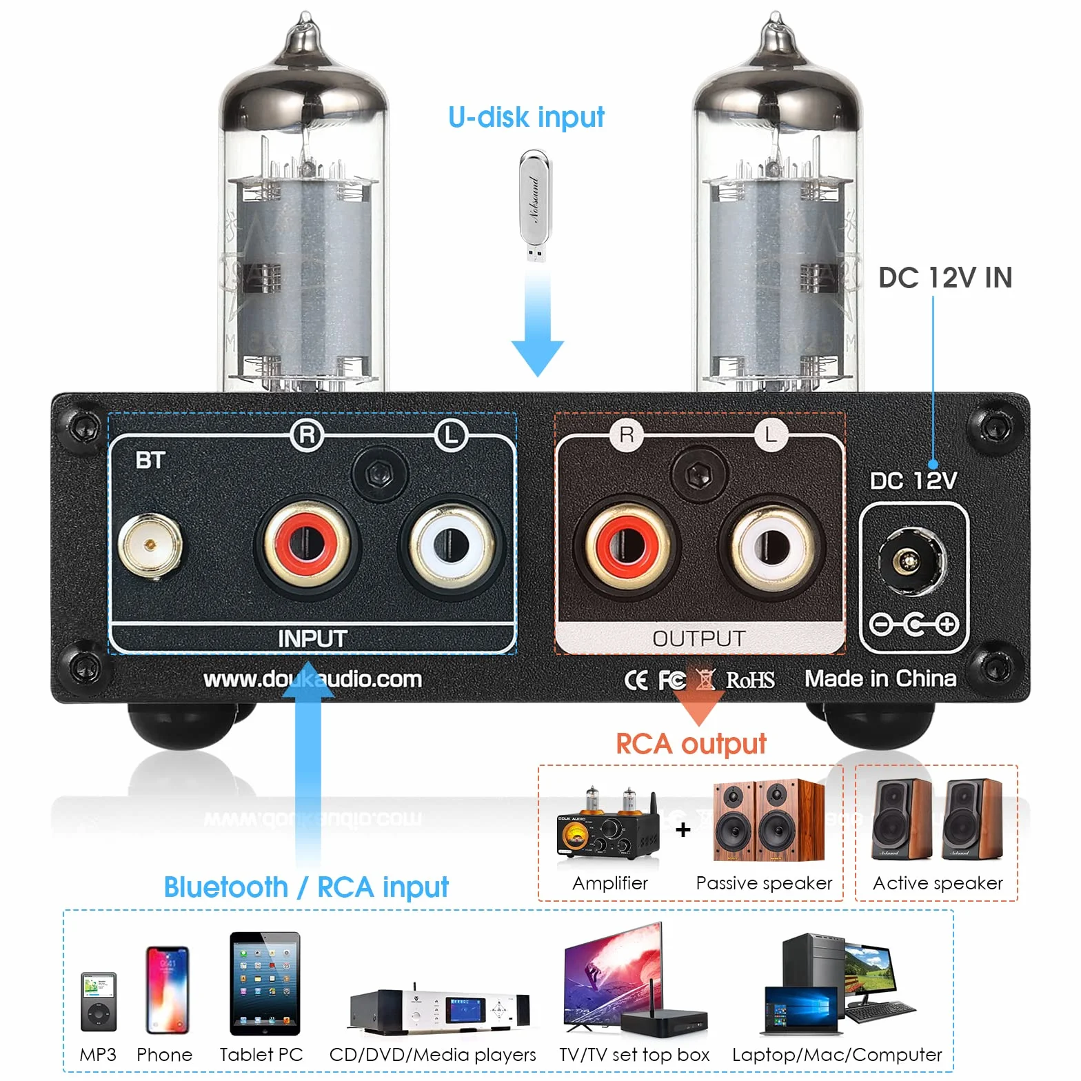 Douk Audio P6-mini HiFi Bluetooth przedwzmacniacz lampowy Mini Stereo Valve przedwzmacniacz Tube Preamp z kontrolą tonów wysokich i niskich do domowego systemu kinowego