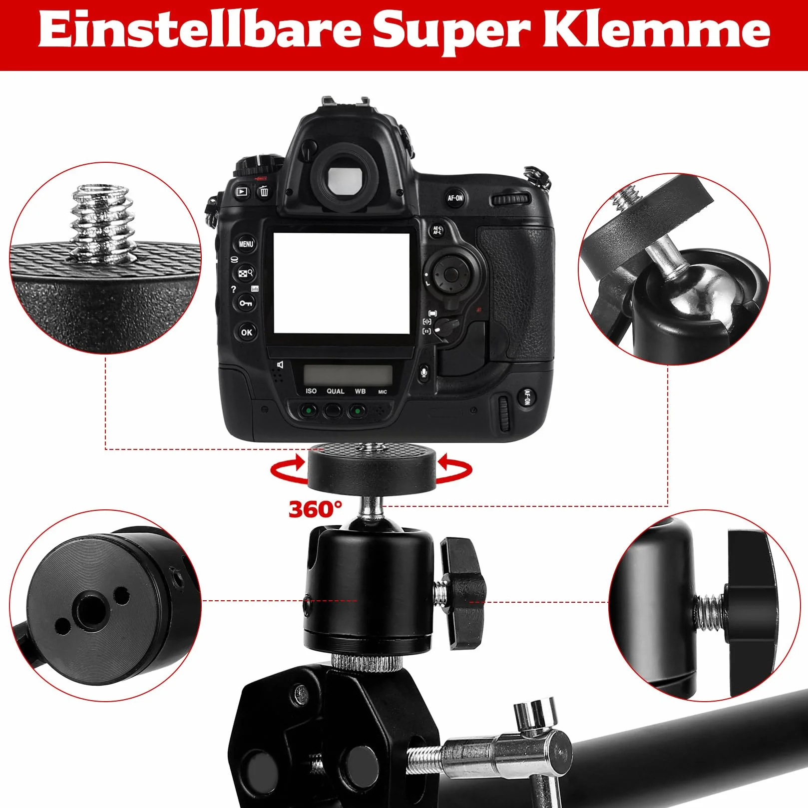 Zestaw do kamery Super Clamps, statyw z bardzo zaciskiem, stabilna głowica kulowa do statywu z adapterem gwintowanym 1/4" 3/8", Magic Arm Clamps Kulowa głowica statywu do aparatów, lamp błyskowych