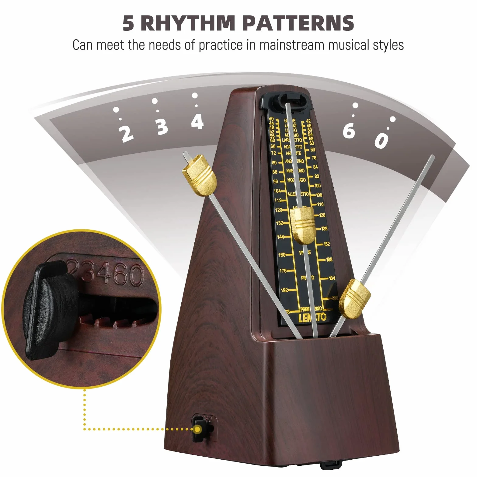 LEKATO Mechaniczny metronom do fortepianu, gitary, basu, bębnów, ukulele, skrzypiec, wiolonczeli, saksofonu, trąbki i wszystkich instrumentów, wizualizowane tempo i rytm, dzwonek akcentujący (zamykany
