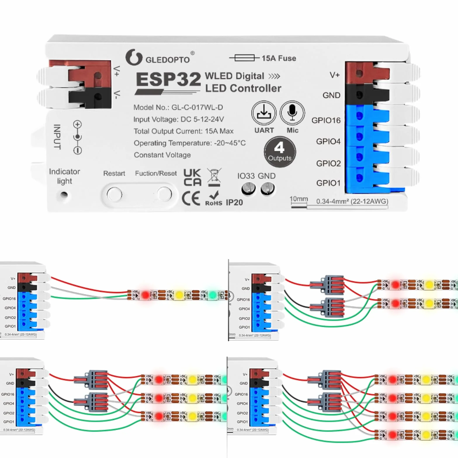 GLEDOPTO ESP32 WLED Cyfrowy kontroler LED z 4 kanałami, bezpiecznik 15 A, mikrofon dźwiękowy, UART, DIY-FCOB, adresowalna listwa świetlna dla WS2811, WS2812, SK6812, TM1814, WS2813, WS2815 (GL-C
