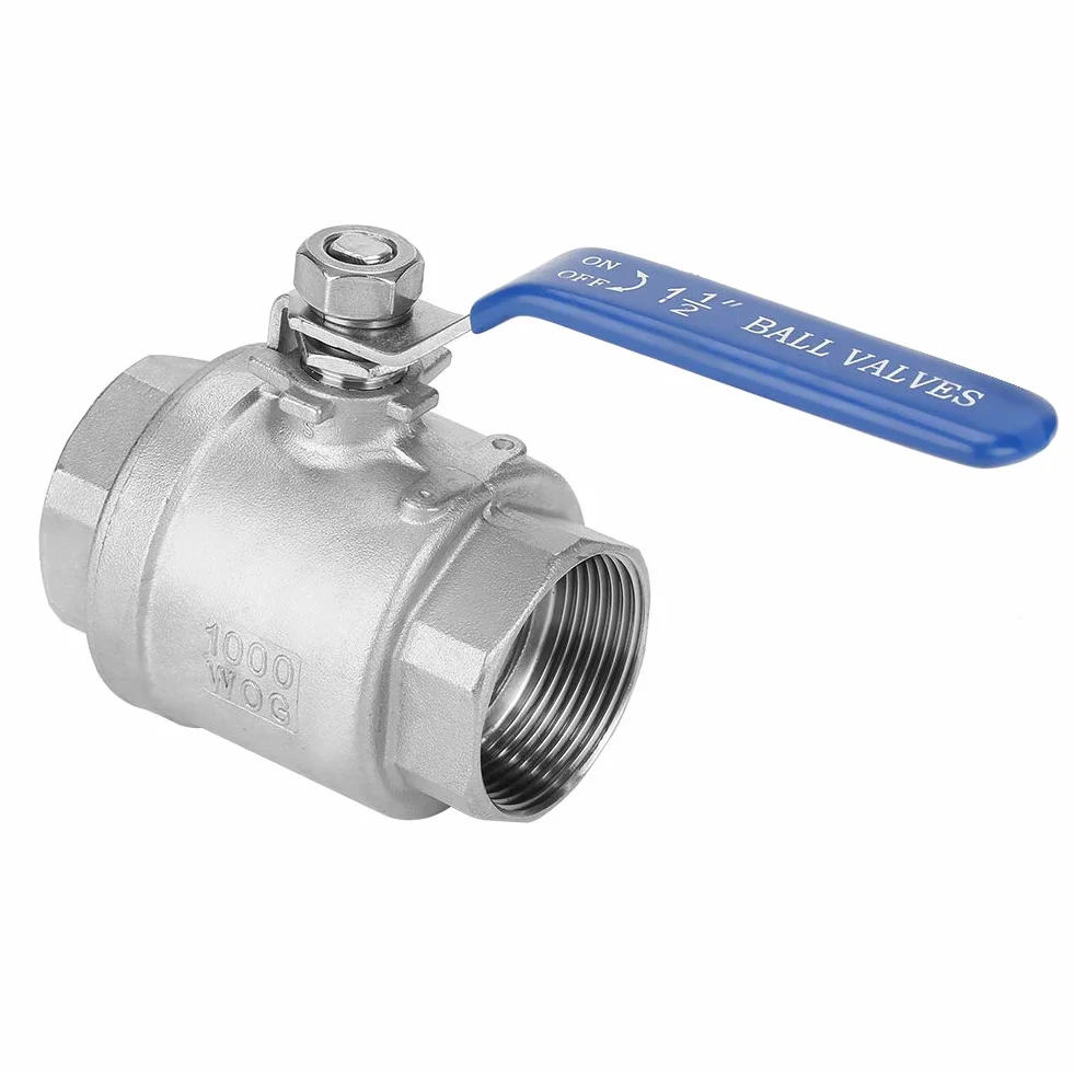 Dwuczęściowy, Pełny Port żeński, 2 Nierdzewny Zawór Kulowy Zawór Kulowy Gwintowany 1-1/2 "DN40 1000 WOG 304 Stal Nierdzewna z Wytrzymałym Niebieskim Uchwytem Izolacyjnym z Winylu