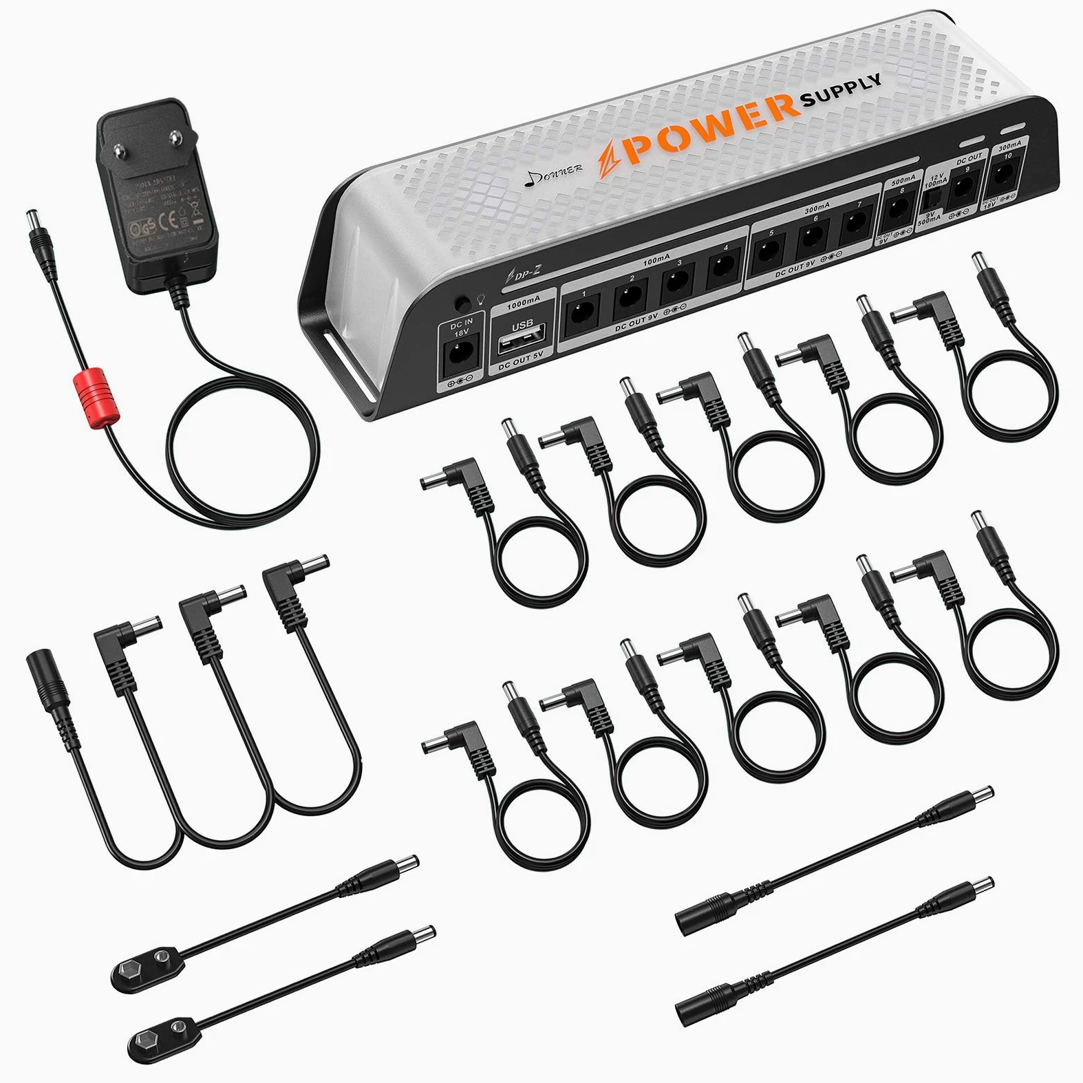 Donner DP-Z 9 V pedał gitarowy zasilacz 10 izolowanych wyjść DC ze złączem USB do 9 V/12 V/18 V pedał efektów DC 18 V wejście 2000 m