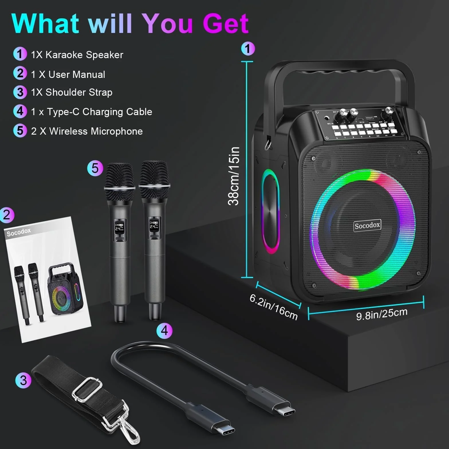 Maszyna do karaoke, przenośny głośnik karaoke Bluetooth z 2 mikrofonami bezprzewodowymi, bateria 6000 mAh, czas odtwarzania 12 godzin, TWS stereo, światło RGB, system PA z podwójną membraną