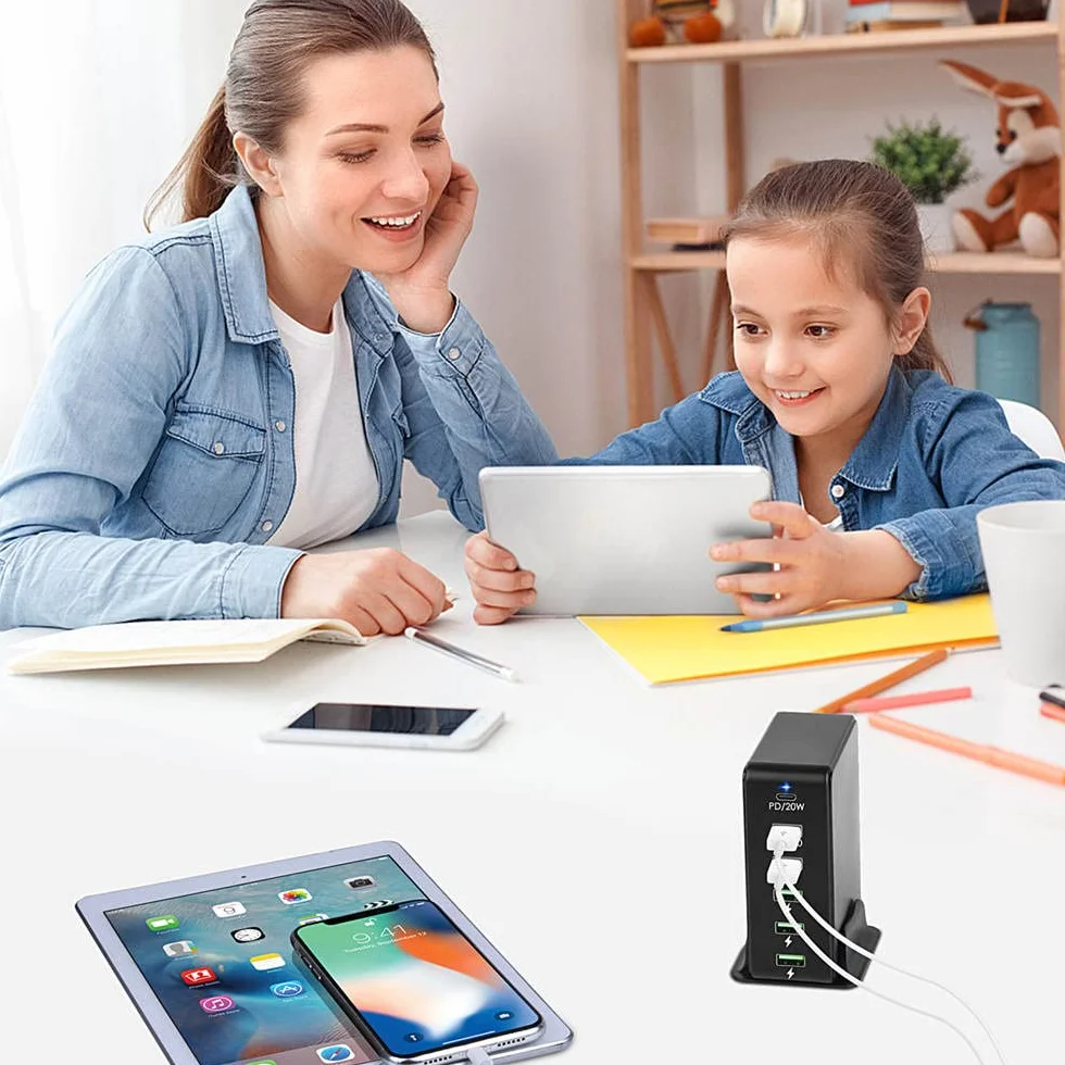 Stacja ładująca Feegar Tower 86W USB 6-portowa ładowarka sieciowa na biurko, przenośna wieloportowa ładowarka USB z 6 USB-A i USB-C PD Quick Charge QC 3.0