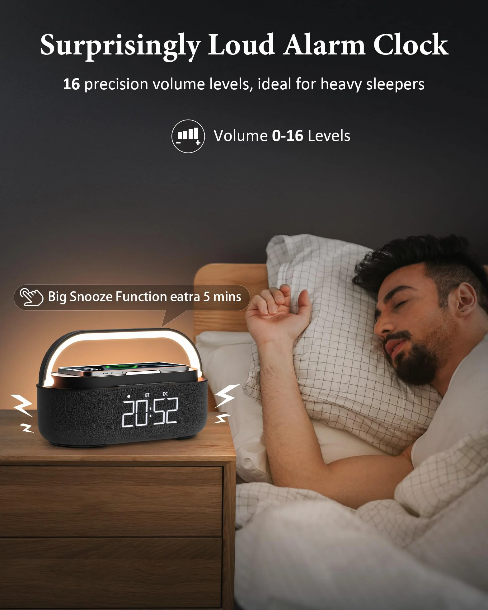 COLSUR Radiobudzik cyfrowy z bezprzewodową ładowarką, głośnik Bluetooth z ładowarką USB, inteligentny budzik, funkcja drzemki, indukcyjna stacja ładująca, lampka nocna, ściemniany wyświetlacz LED i