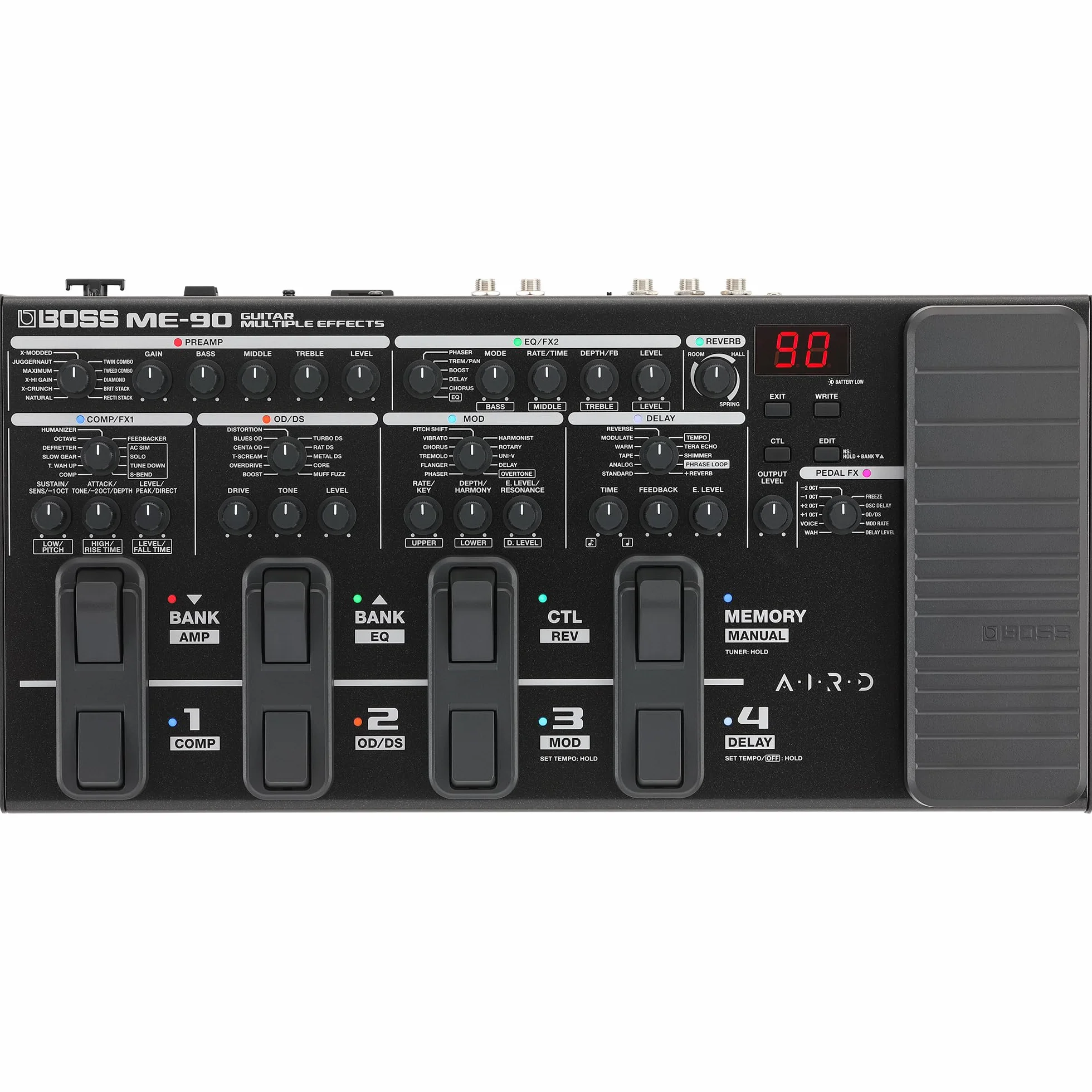 BOSS ME-90 Multiefekt Gitarowy | Uniwersalny Procesor Gitarowy | 11 Wbudowanych Modeli Wzmacniaczy AIRD | 60 Efektów pochodzących z GT-1000 | 8 Wielofunkcyjnych Przełączników Nożnych
