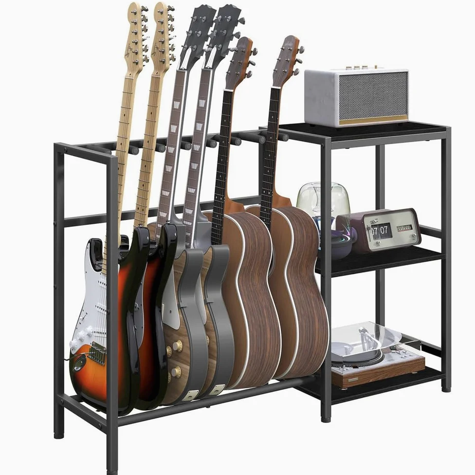 Stojak multimedialny AV z miejscem na gitarę, ciężki mebel audio, szafka audio, wieża rackowa, 3-poziomowy stojak na gitary do domowego studia muzycznego