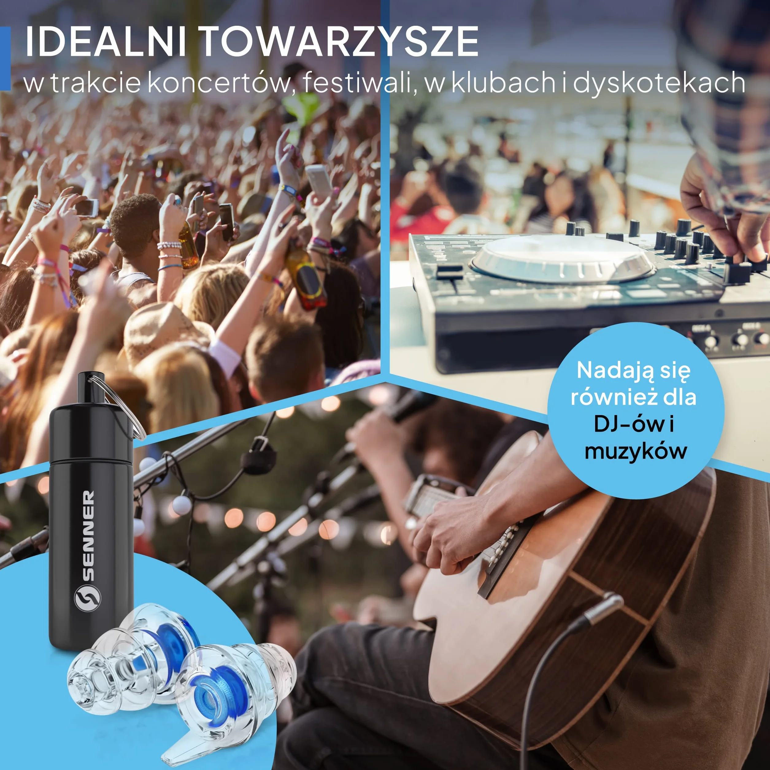 Senner MusicPro - ochronniki słuchu na festiwale, koncerty i dyskoteki, aluminiowy pojemnik, niebieski/przezroczysty filtr - zatyczki do uszu/ochrony słuchu dorośli