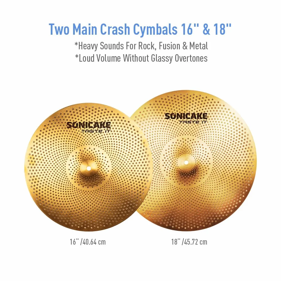 SONICAKE Cymbal zestaw o niskiej głośności, 14" HiHat + 16" Crash + 18" Crash + 20" Ride zestaw talerzy złoty, 5 sztuk, z kieszenią na miednicę i akcesoriami