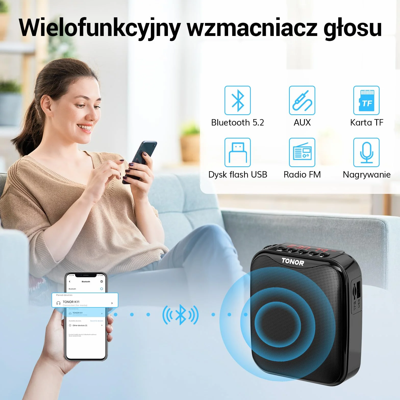 Wzmacniacz głosu TONOR z bezprzewodowym mikrofonem nausznym, bateria 11 godzin, wyświetlacz LED, przenośny system PA z mikrofonem do nauczania, przemówień, spotkań, oprowadzania wycieczek K11
