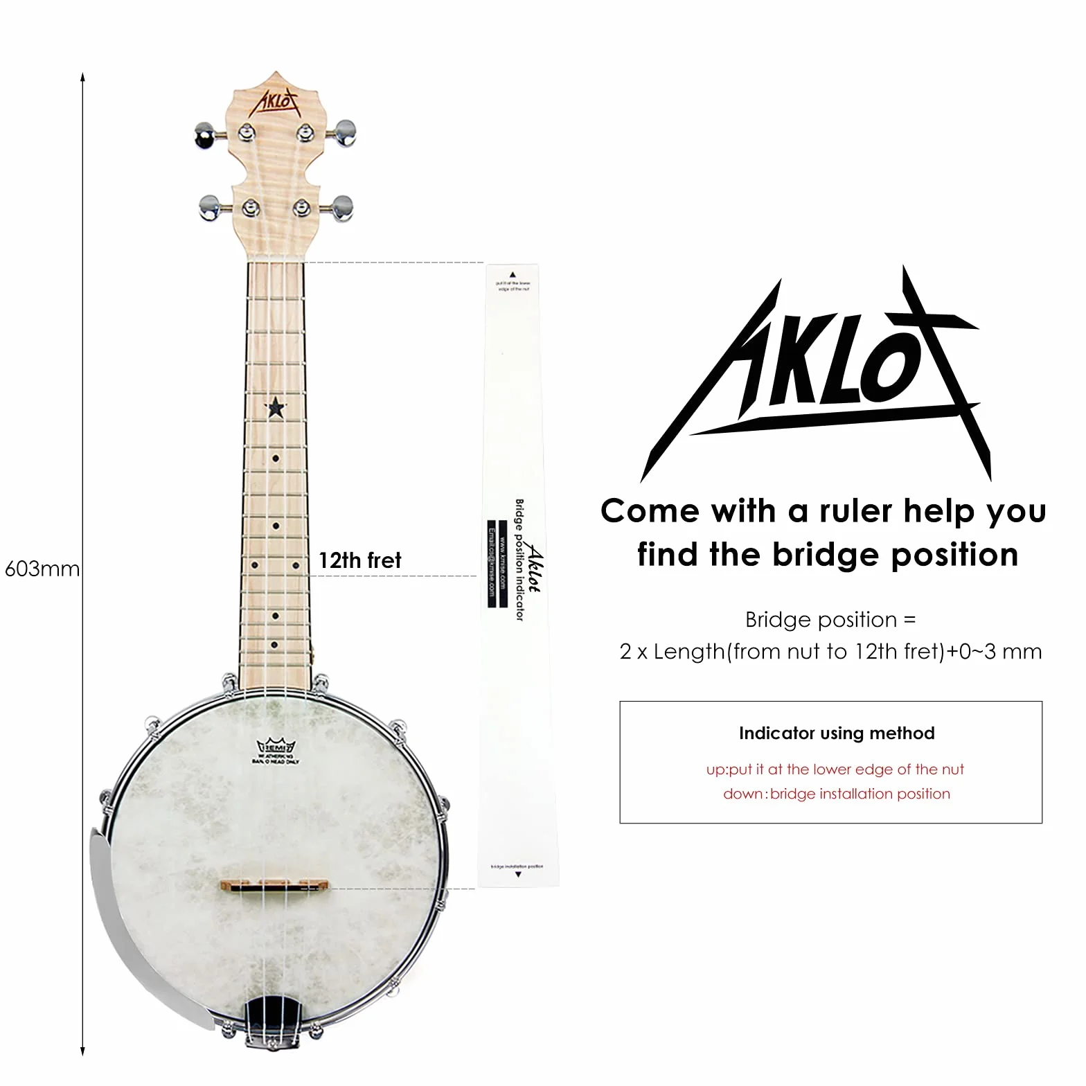 AKLOT Banjo Ukulele Koncert 58.4 cm Remo Drumhead Open Back Maple Body 1:15 Zaawansowany tuner z dwukierunkowym prętem kratownicowym Gig Bag Tuner String Strap Picks