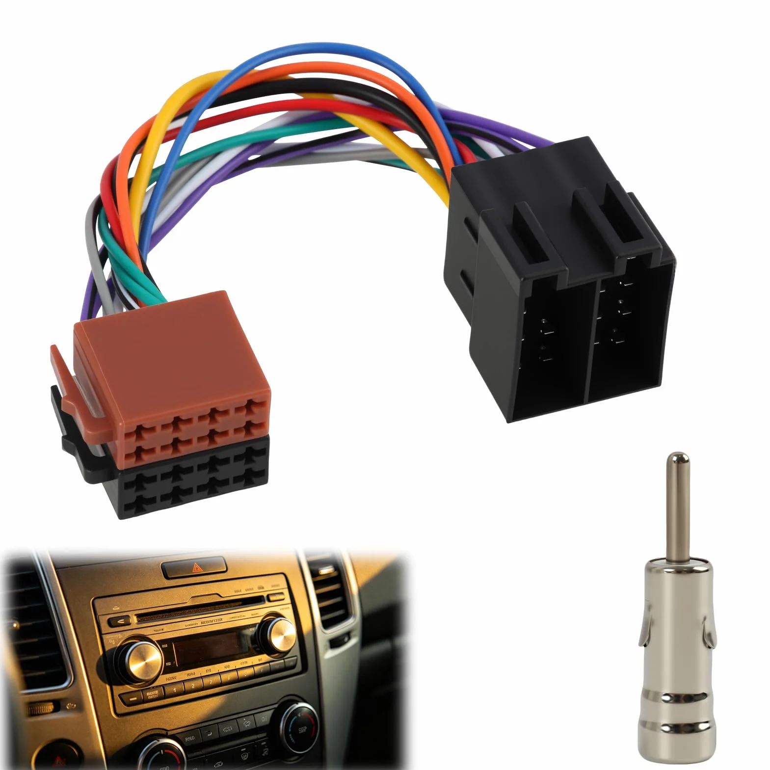 Zestaw adapterów do radia samochodowego, 16 pinów, wtyczka ISO na gniazdo, adapter antenowy DIN/ISO z zaciskiem wtykowym 15 i 30, przedłużacz radia do radia samochodowego, wiązki kabli, adapter do
