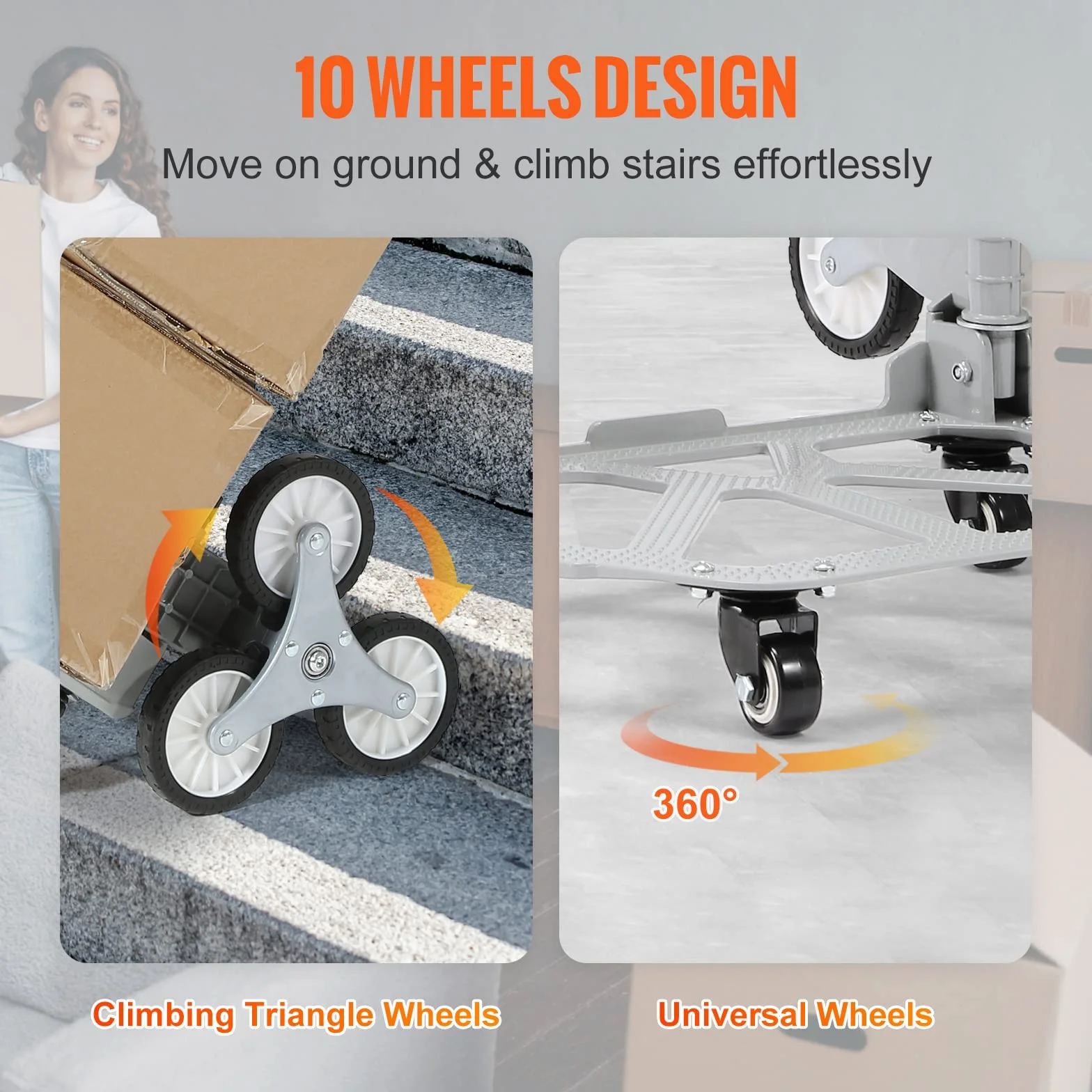 VEVOR Wózek schodowy 50-100 kg Diabeł Składany ze stopu aluminium Wysokość Regulowany uchwyt 82-116 cm 4 koła uniwersalne taca 39x27 cm do magazynu lotniska centrum handlowego