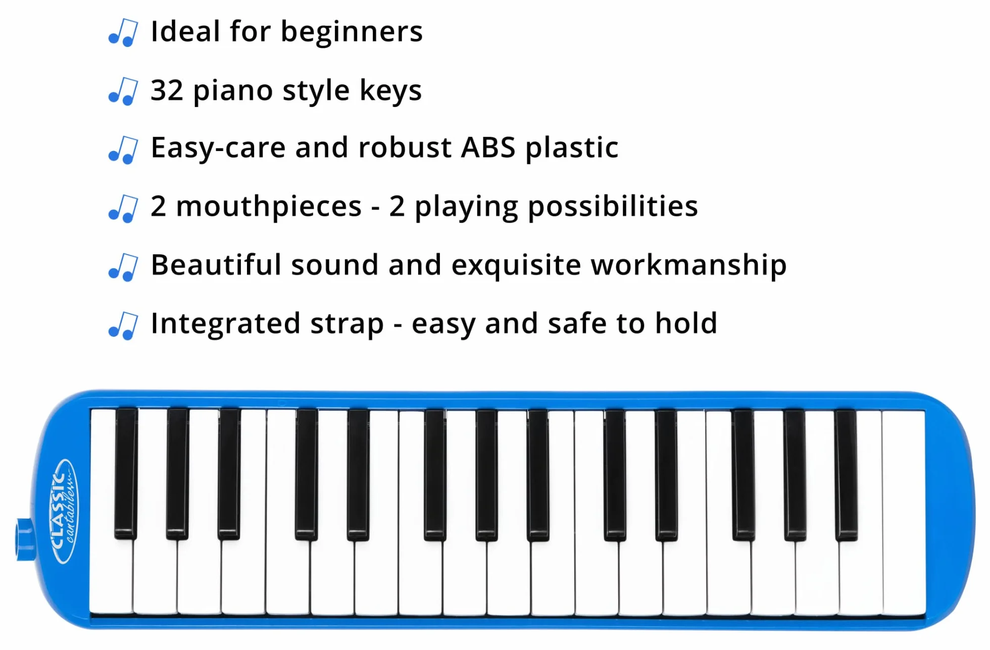 Classic Cantabile FML-32 BU Melodica 32 klawisze fa-do³, broszura 5 utworów dla dzieci, naklejki, etui, ustnik, wąż ustnik, kolor niebieski.
