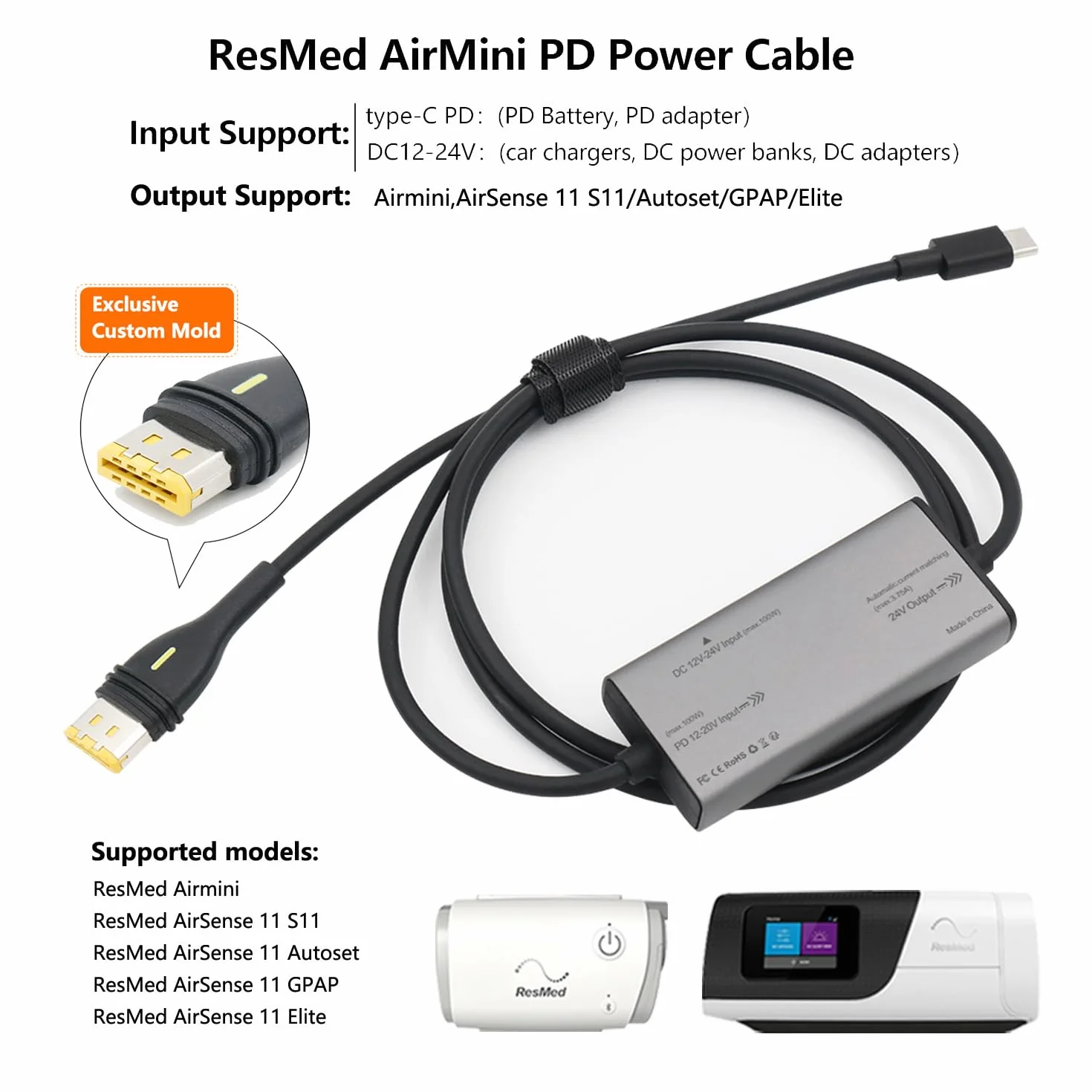 STAIGO USB-C AirMini PD kabel zasilający do AirSense 11/S11/Airmini/AutoSet/Elite/CPAP AirSense 11 przetwornik prądu stałego