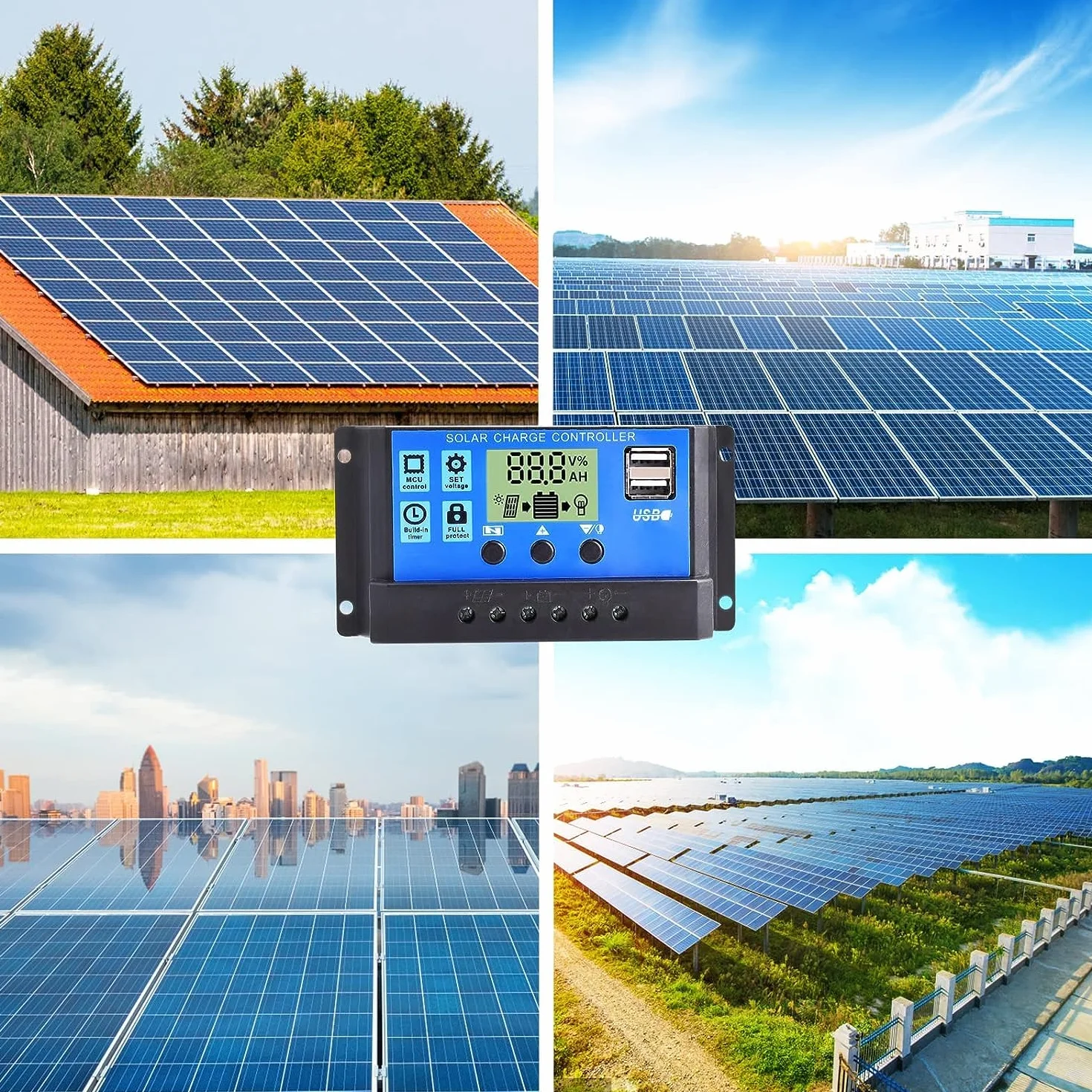 Diymore Solarna ładowarka kontroler 30 A (wersja zmodernizowana), 12 V/24 V, solarny regulator ładowania, panel słoneczny, bateria, inteligentny regulator solarny z podwójnym portem USB, wyświetlacz