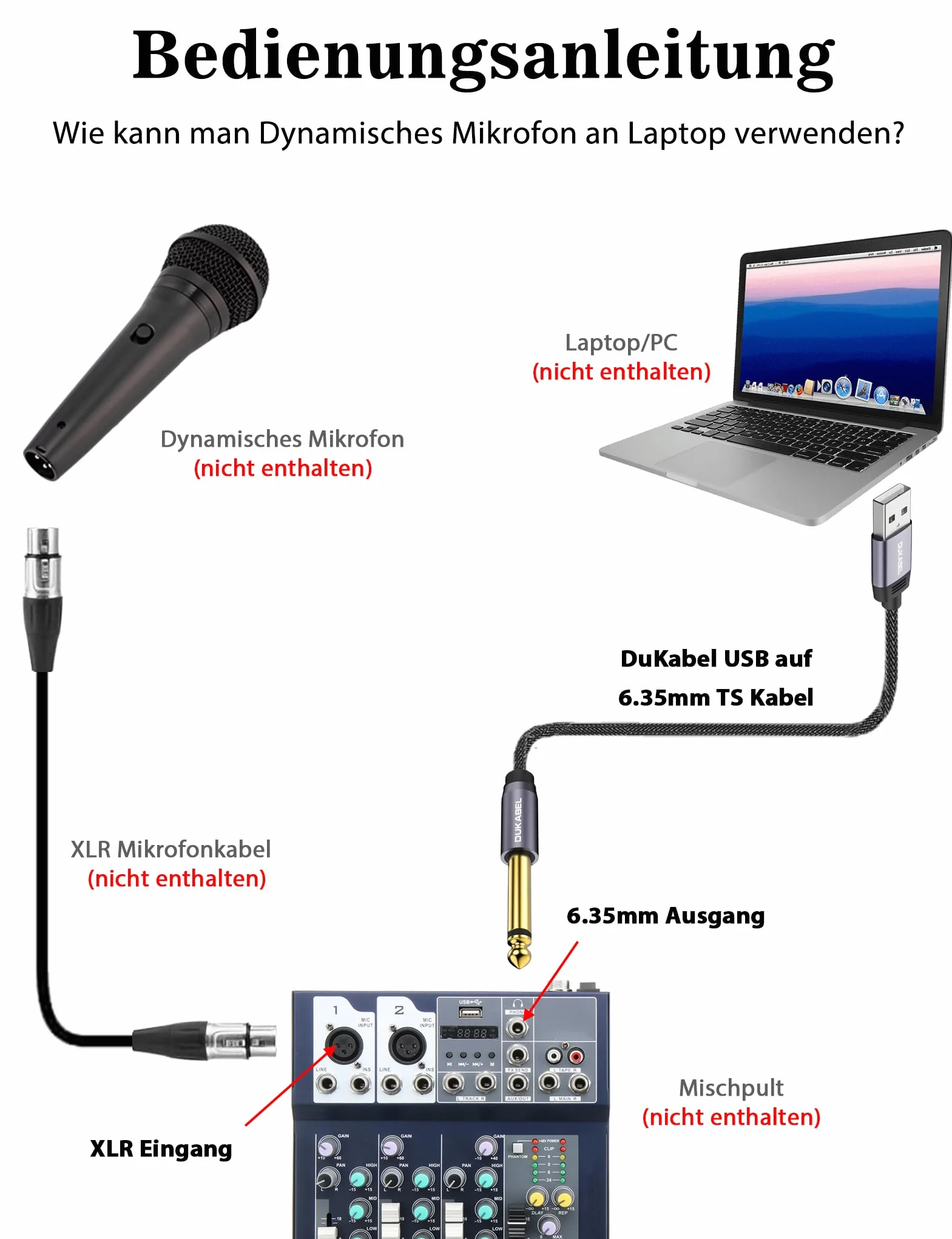 DuKabel Kabel USB do gitary USB na 1/4 TS do nagrywania gitary, 2,4 m, typ A na 6,35 mm, kabel konwerterowy mono do instrumentów, basów, e-keyboardu, miksera, wzmacniacza, komputera, laptopa