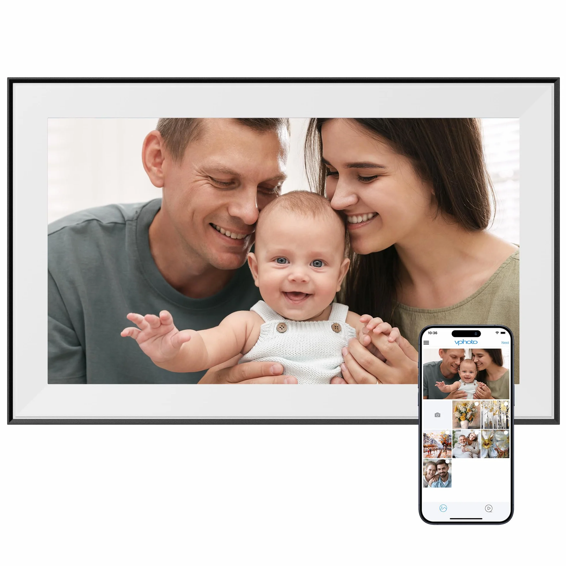 Dragon Touch Frameo Cyfrowa ramka na zdjęcia 15,6" – 1920 x 1080 FHD IPS ekran dotykowy WiFi, elektroniczna ramka na zdjęcia z pamięcią 32 GB, automatyczne obracanie, natychmiastowe udostępnianie
