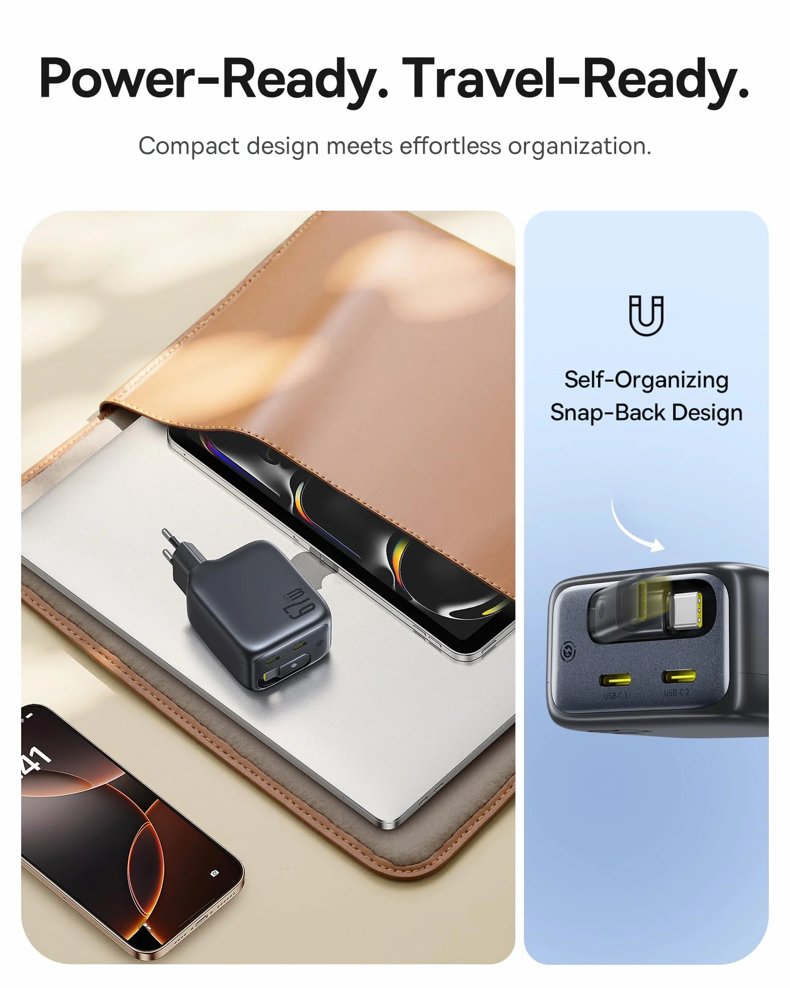 Baseus Enercore Ładowarka USB-C 67W z Wysuwanym Kablem, Zasilacz GaN z 2 Portami USB-C, Kompaktowa Szybka Ładowarka Zgodna z MacBook Pro, Dell, HP, iPad, iPhone 16 Pro, Galaxy S25