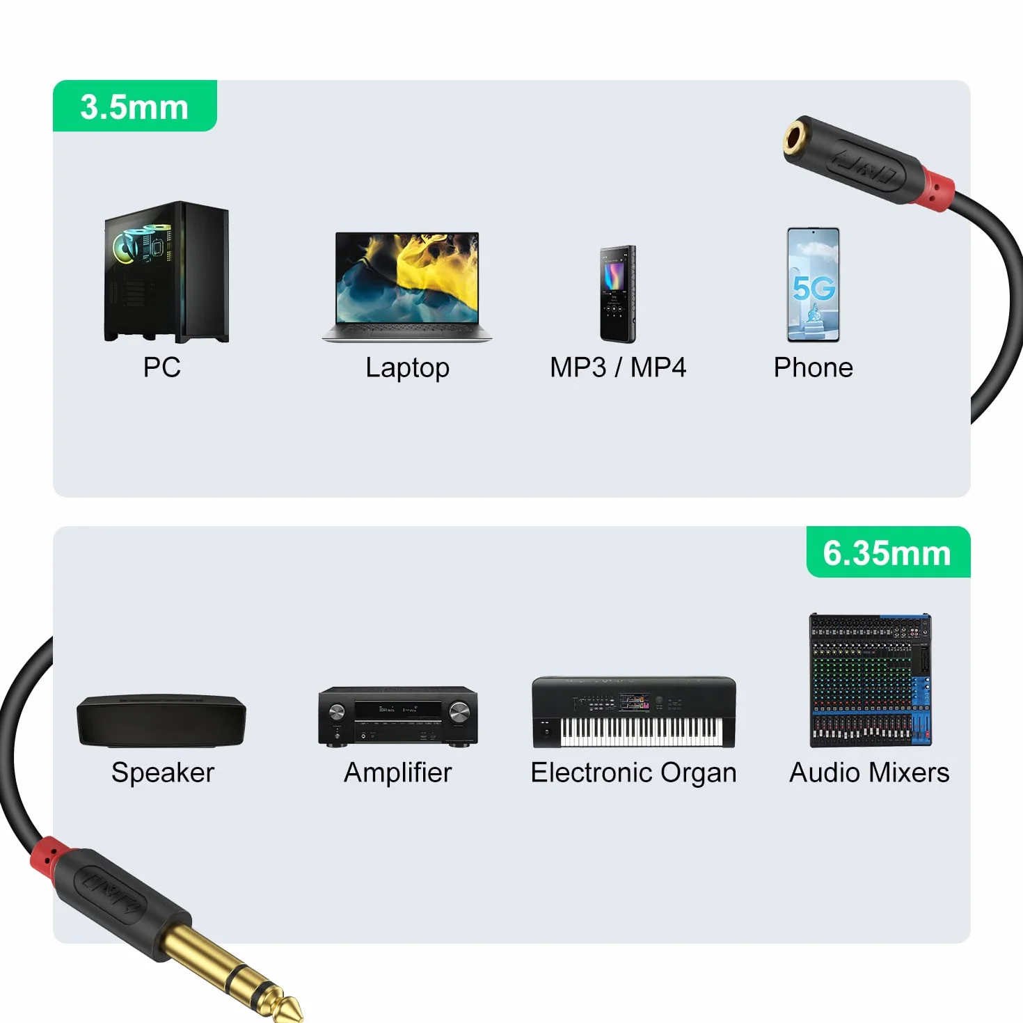 J&D 3,5 mm zu 6,35 mm Kabel, Gold-Plated [AudioWave-Serie] 3,5mm (1/8 Zoll) Weiblich TRS auf 6,35mm (1/4 Zoll) TRS Männlich PVC-Überzug Stereo-Audio-Adapter Y-Splitter-Kabel - 15 Feet