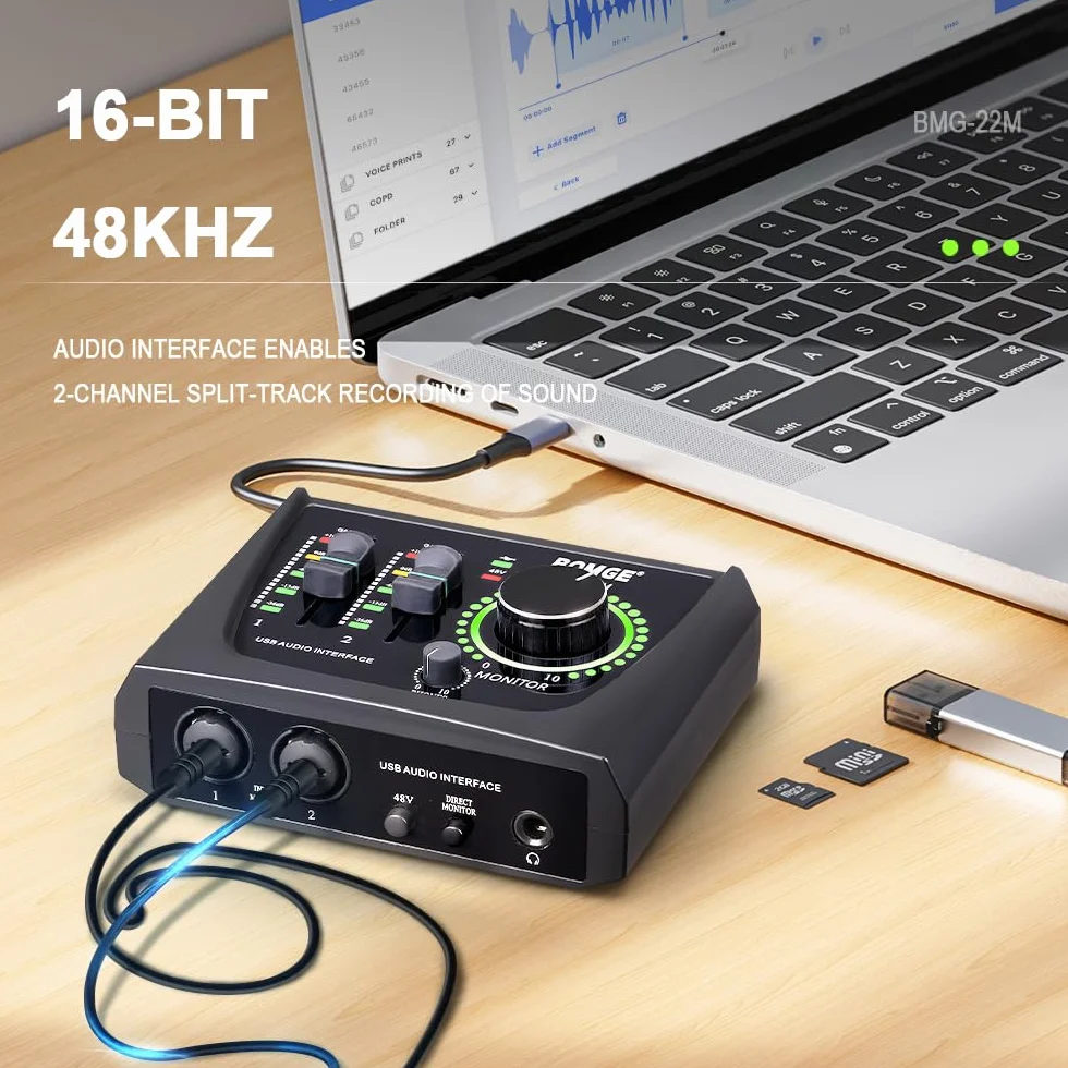 BOMGE mini 2-kanałowy interfejs audio USB do nagrywania, przesyłania strumieniowego i podcastingu, z zasilaniem fantomowym XLR/48 V, interfejs audio jakości studyjnej dla gitarzysty, wokalisty
