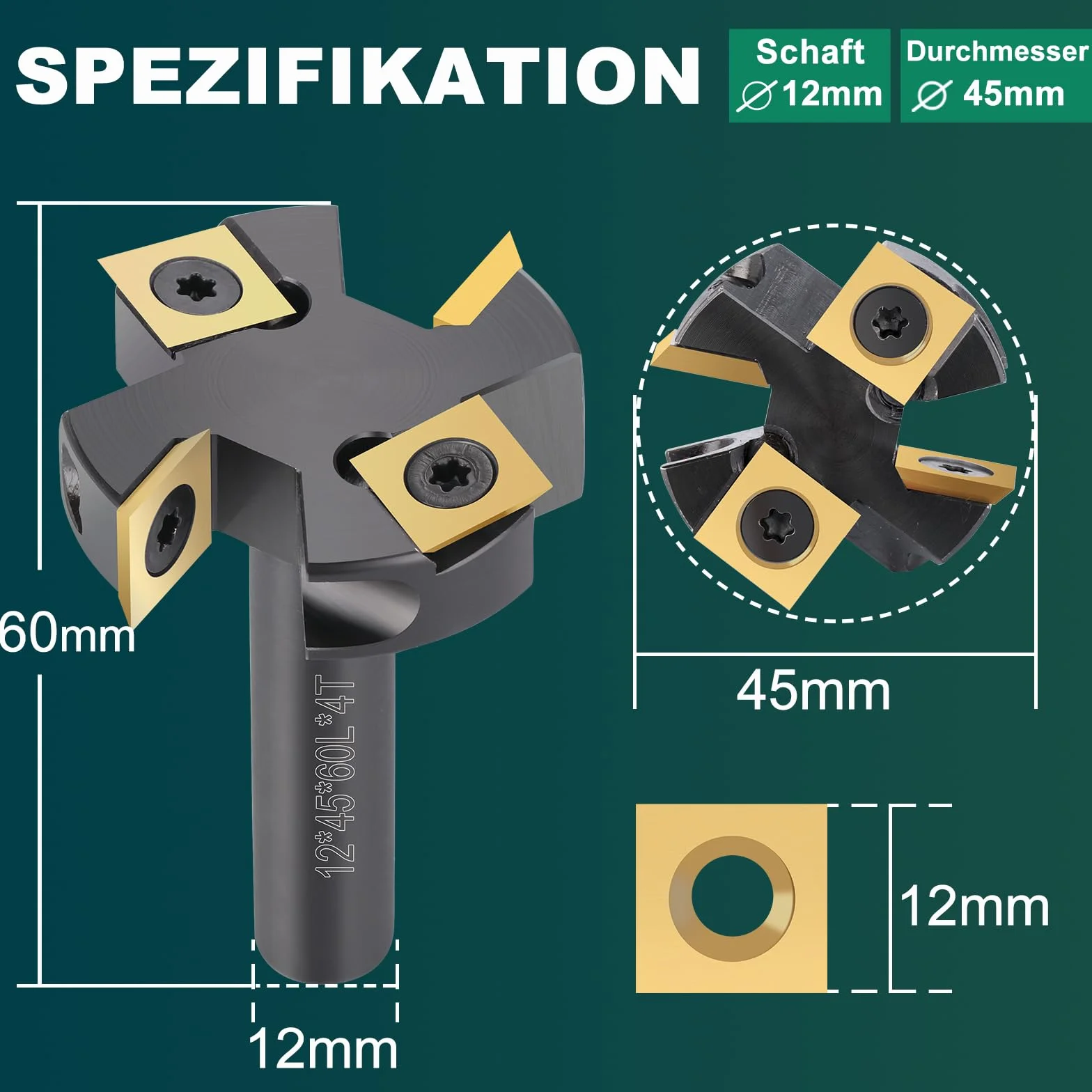 Frez czołowy 12 mm, średnica trzpienia 45 mm, frez do strugania drewna, frez do spłaszczania z twardego metalu TiN-besch, 12 x 12 x 2,2 mm, CNC frez czołowy do frezarek powierzchniowych