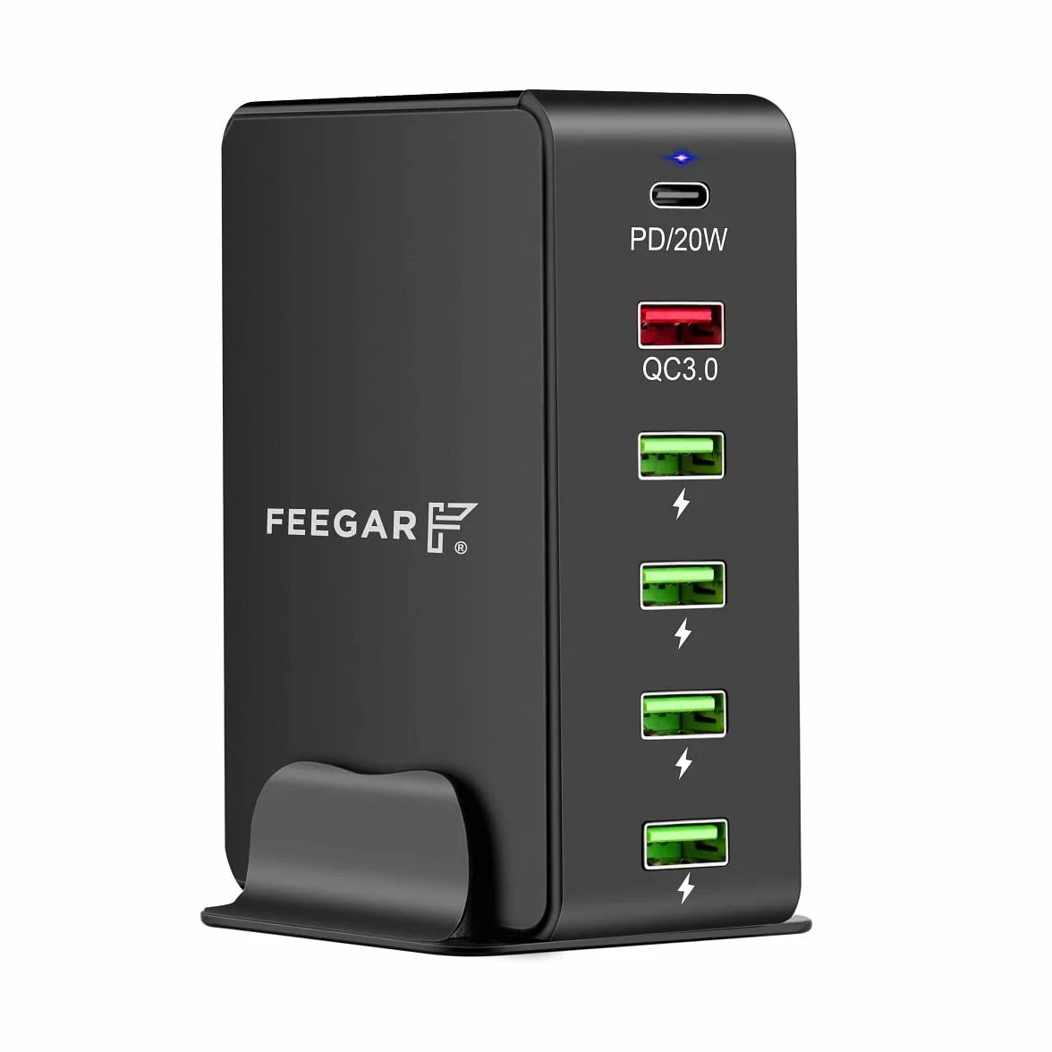 Stacja ładująca Feegar Tower 86W USB 6-portowa ładowarka sieciowa na biurko, przenośna wieloportowa ładowarka USB z 6 USB-A i USB-C PD Quick Charge QC 3.0