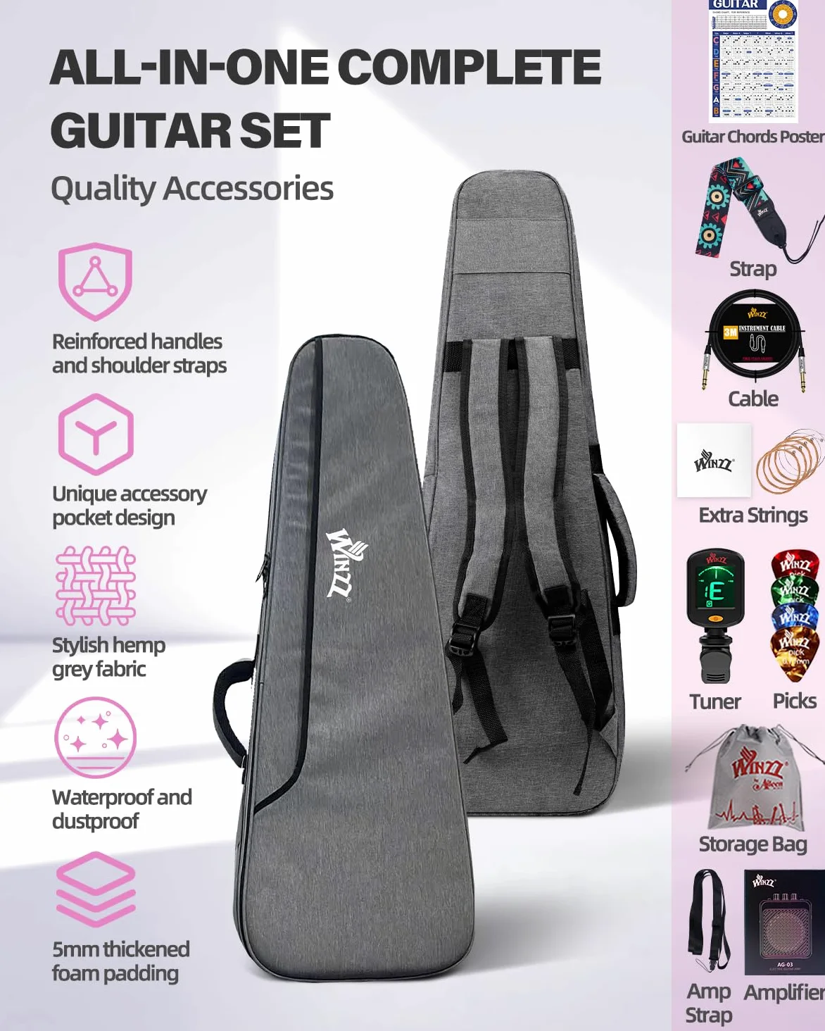 Winzz Zestaw dla początkujących, gitara elektryczna dla dzieci, rozmiar 1/4, mini gitara elektryczna dla dzieci, kompletny zestaw ze wzmacniaczem, błyszczący niebieski kolor