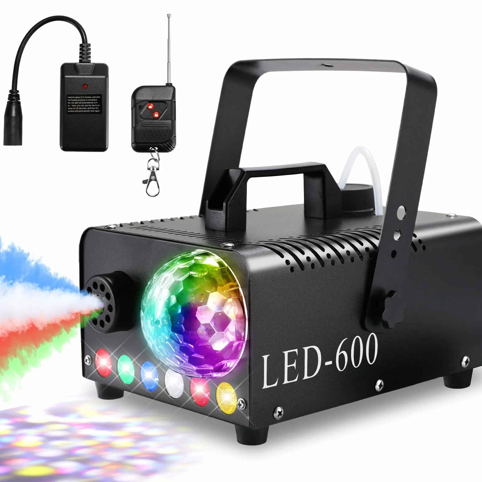 Fog Machine 600W 5000 CFM z Kulą Dyskotekową 6 LED RGB, Wytwornica Dymu