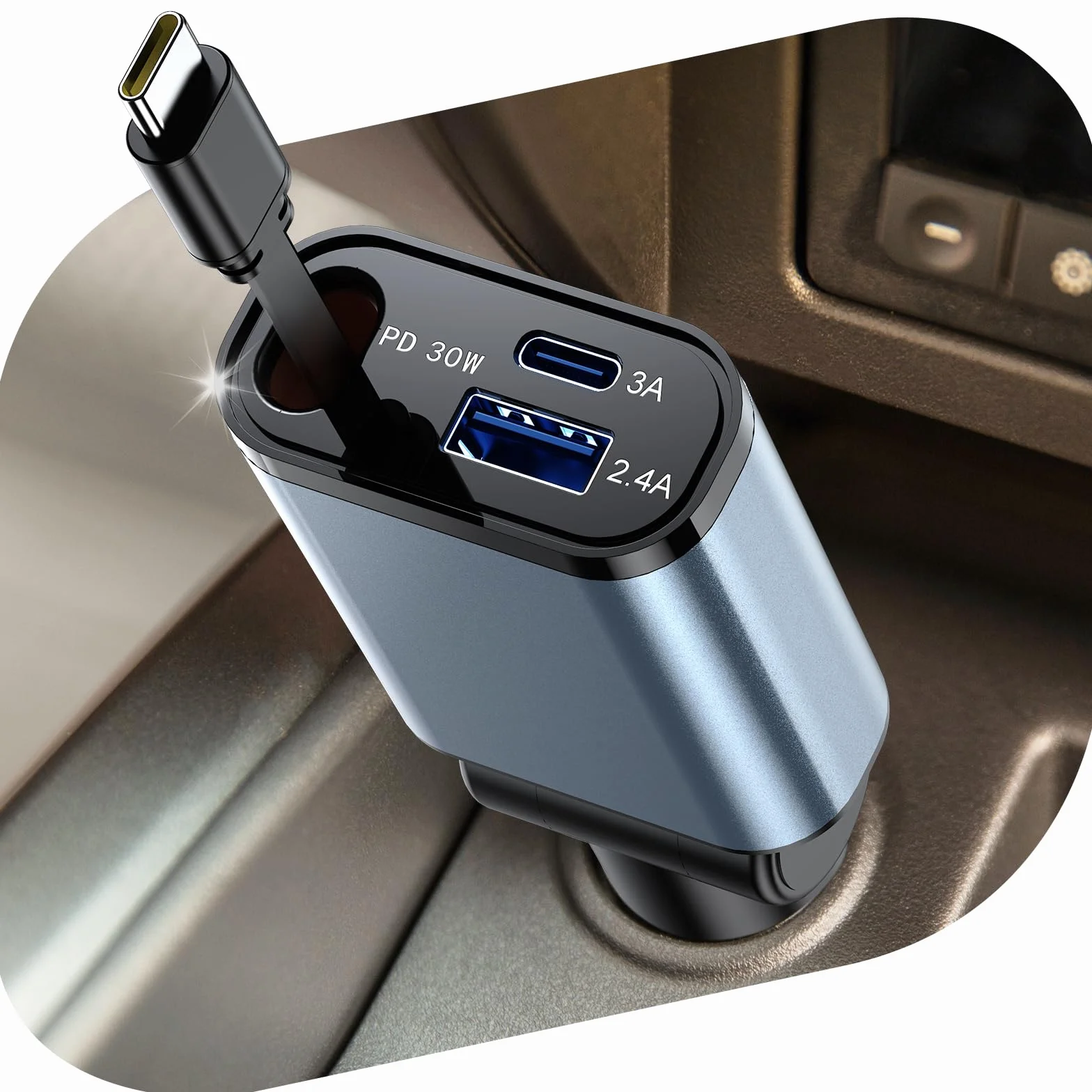 Ładowarka samochodowa USB C z kablem PD 30 W typu C, podwójny port zapalniczki samochodowej adapter 15 W USB-C + 12 W USB, 180° Flip kompaktowa ładowarka samochodowa 12 V/24 V do smartfonów i tabletów