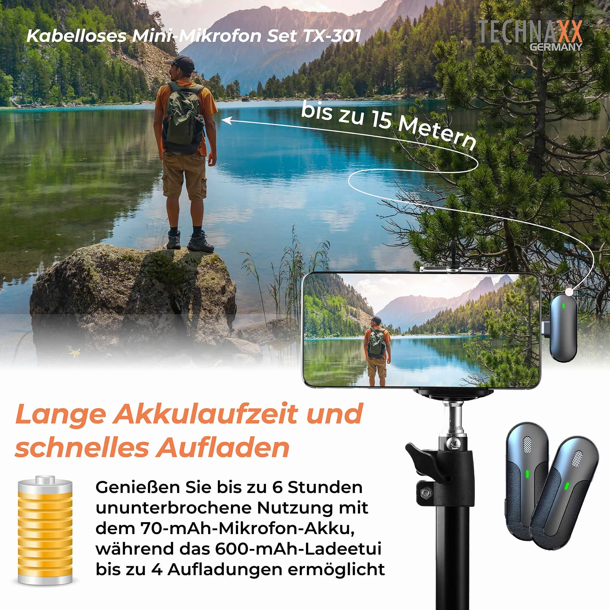 Technaxx Podwójny bezprzewodowy mini mikrofon TX-301 – 2 bezprzewodowe mikrofony krawatowe z inteligentną redukcją szumów, odbiornik USB-C, etui ładujące, klips - idealny do podcastów i nagrywania