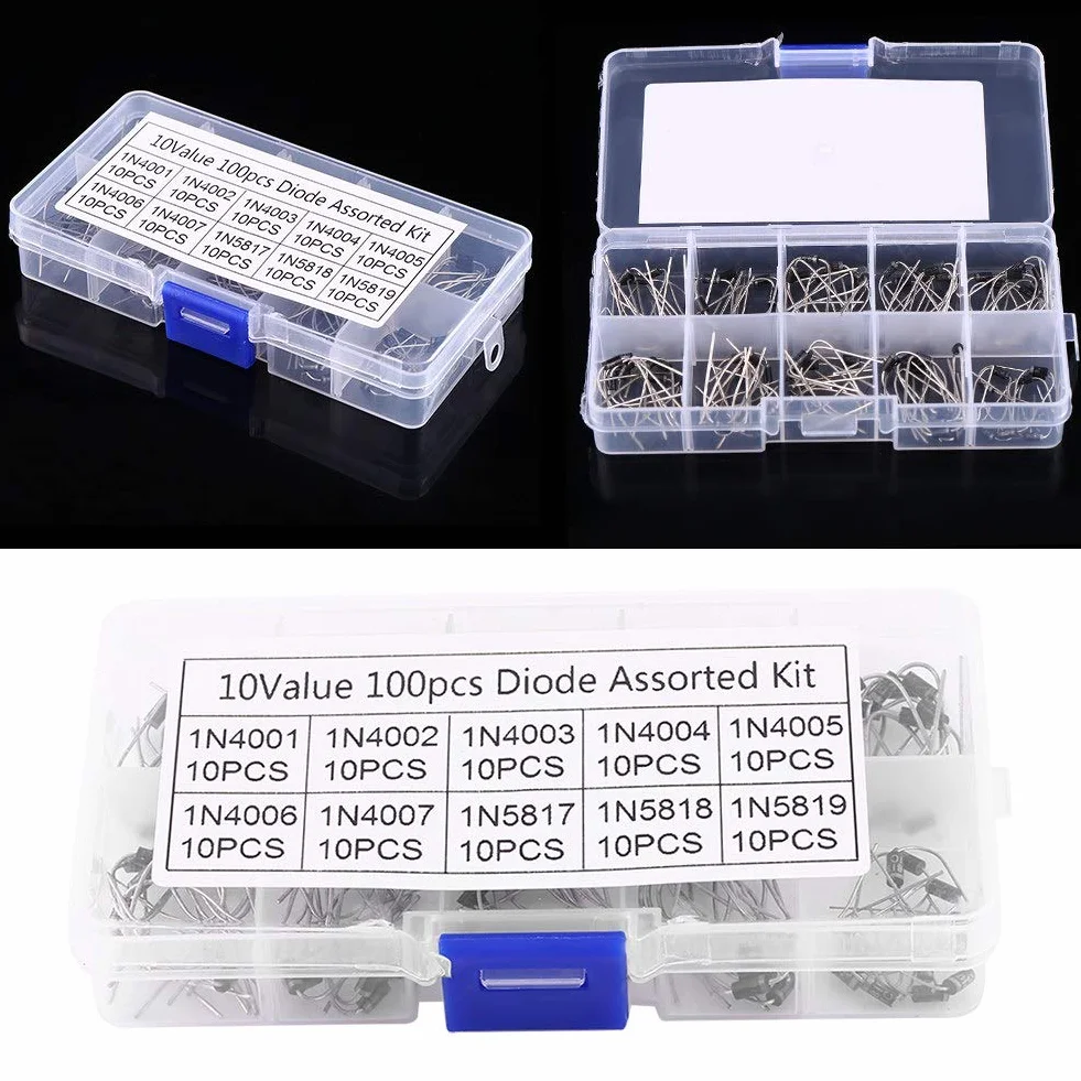 Estink Zestaw Diod Prostowniczych, 100 szt., 10 Wartości, Asortyment Elektroniczny 1N4001-1N5819, z Przezroczystym Pudełkiem