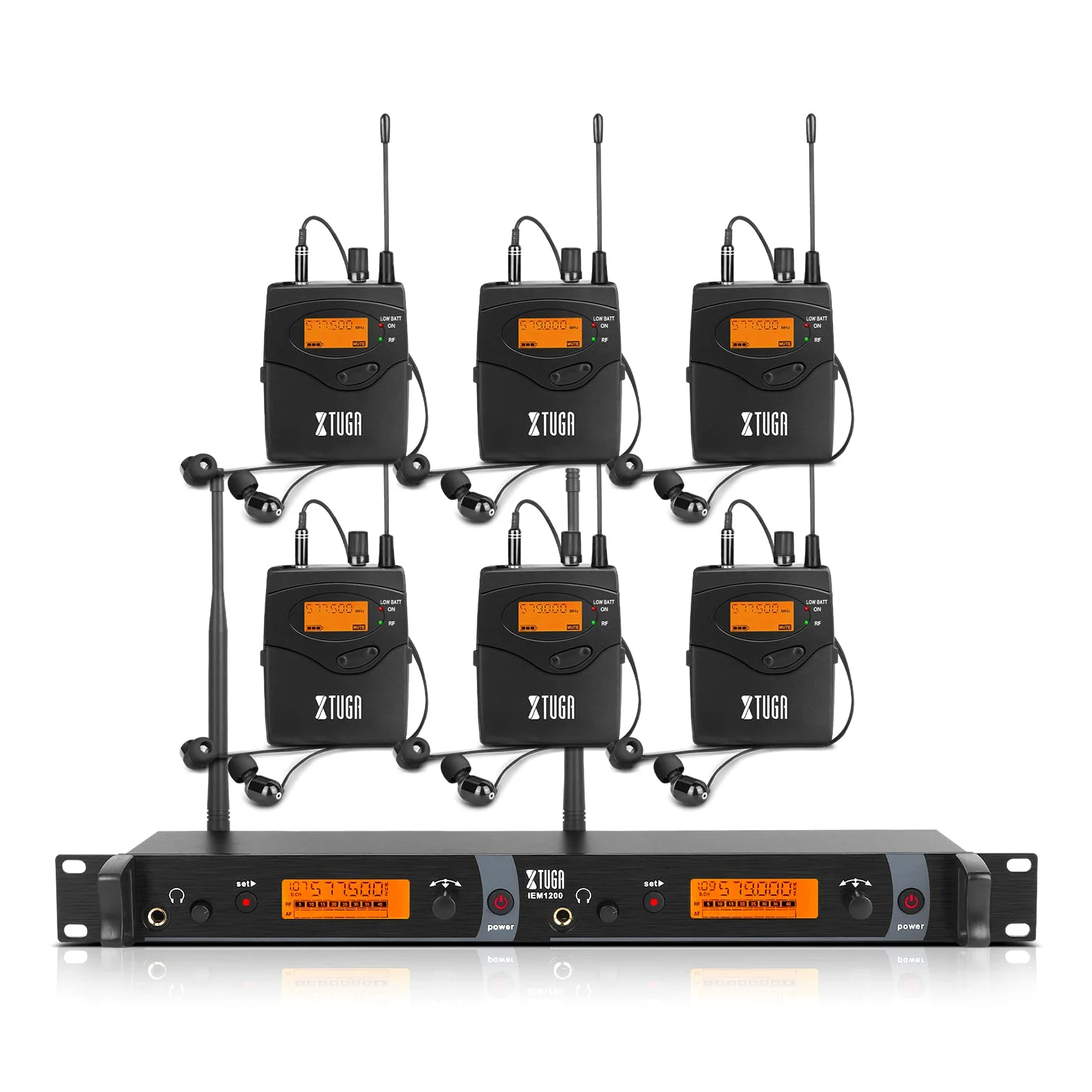 XTUGA IEM1200 Bezprzewodowy system monitorowania ucha, 2-kanałowy, 6 opakowań do monitorowania ciała ze słuchawkami, bezprzewodowy, używany do sceny lub studia, transmisja na żywo, wzmacniacz gitarowy