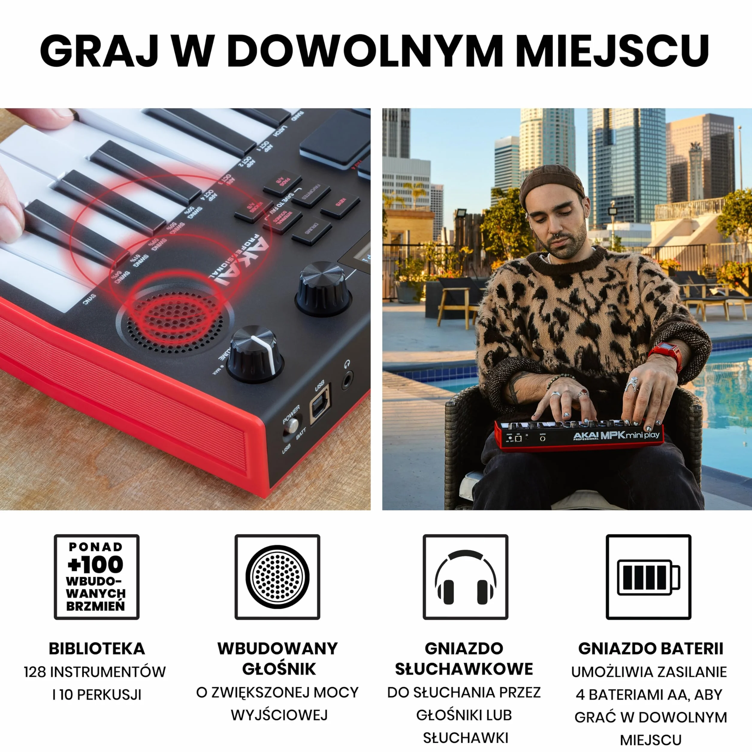 Akai Professional MPK Mini Play MK3 – klawiatura sterująca MIDI z wbudowanym głośnikiem i brzmieniami, dynamiczną klawiaturą, padami MPC, pakietem oprogramowania oraz pakietem Native Instruments
