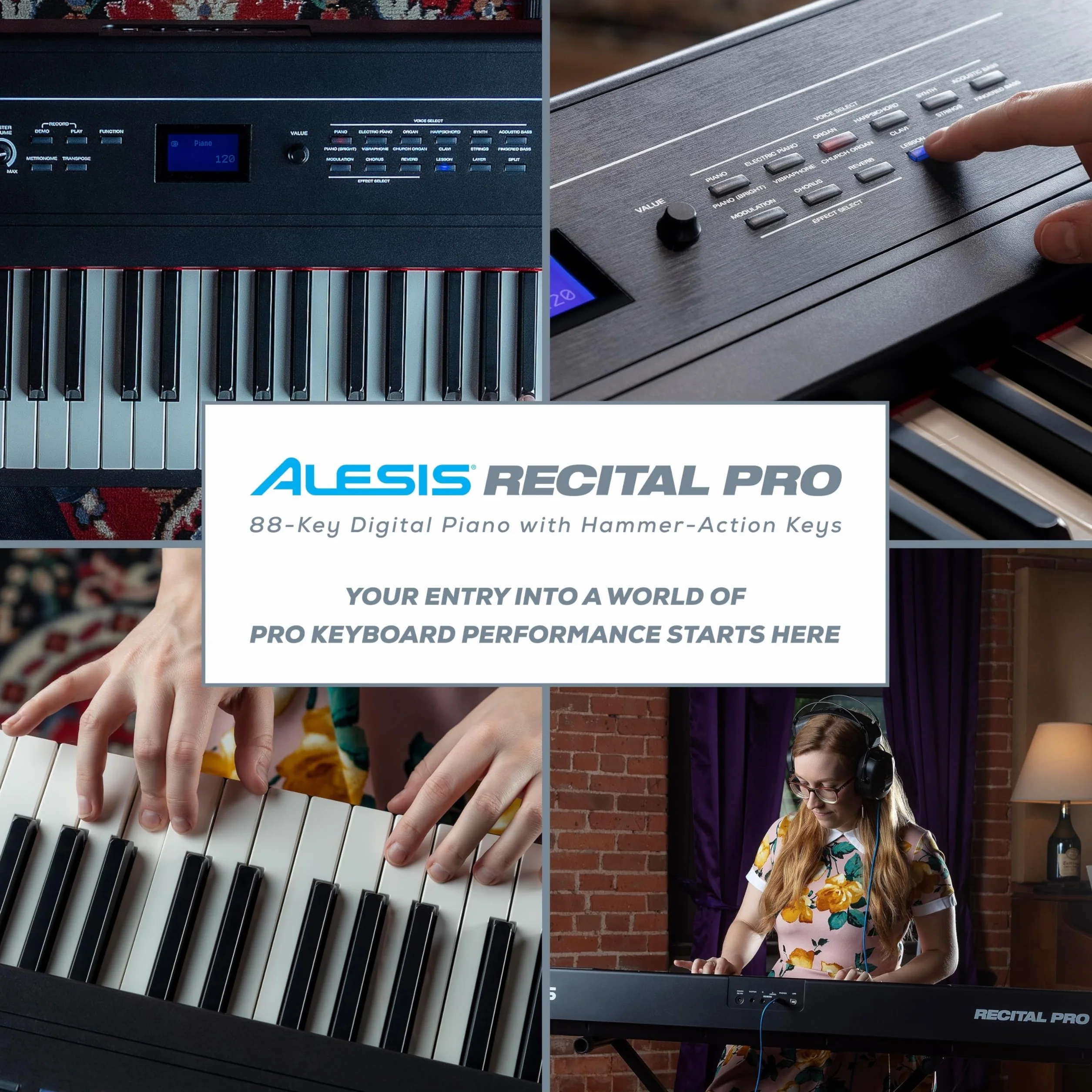 Alesis Recital Pro - Cyfrowe Pianino Elektryczne; Keyboard z 88-Klawiszową Ważoną Klawiaturą Młoteczkową, 12 Brzmieniami i Wbudowanymi Głośnikami