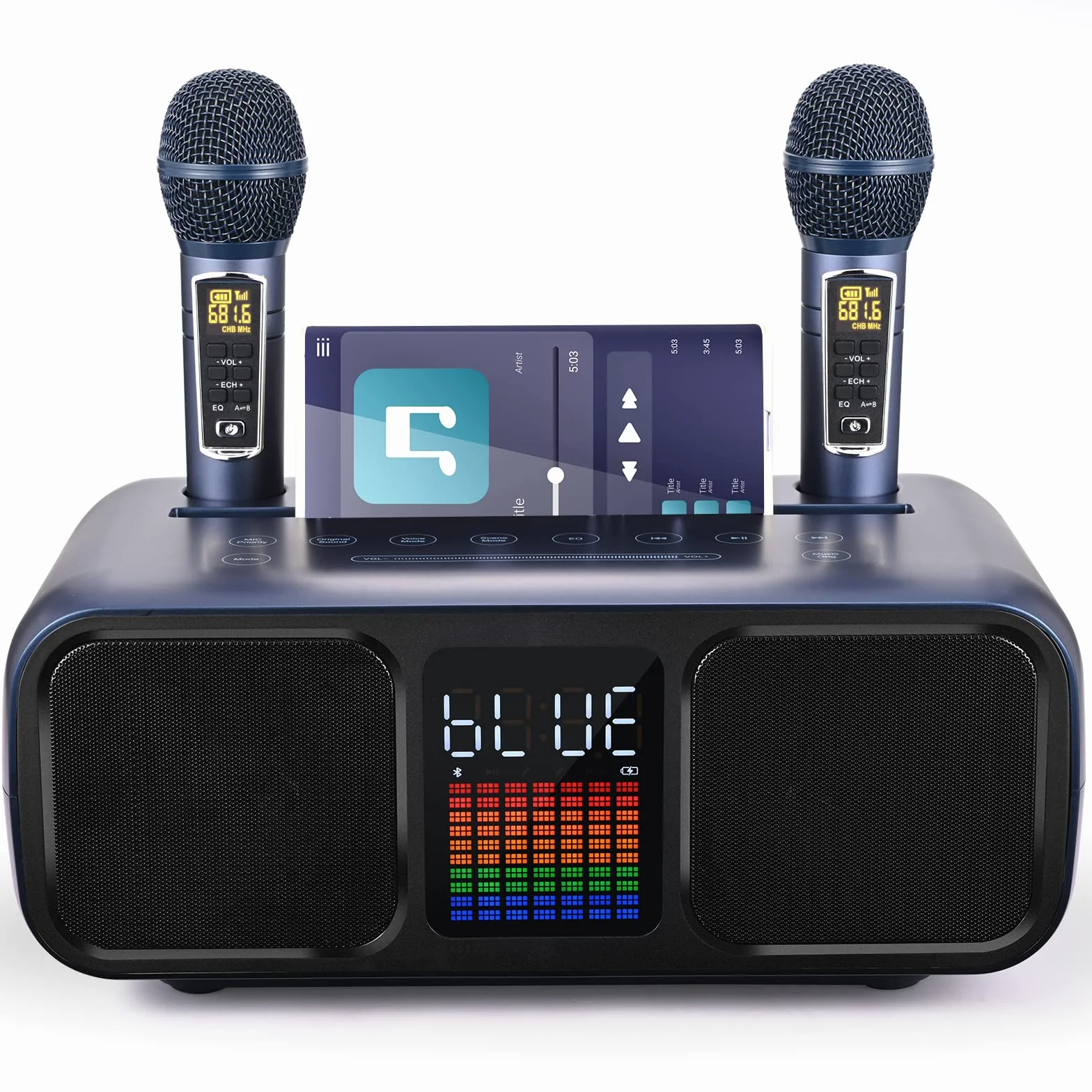 Urządzenie do karaoke Party Speaker z 2 bezprzewodowymi mikrofonami, głośnik Bluetooth do karaoke z ekranem dotykowym, światłem LED i stojakiem na telefon, głośnik do karaoke dla dzieci z
