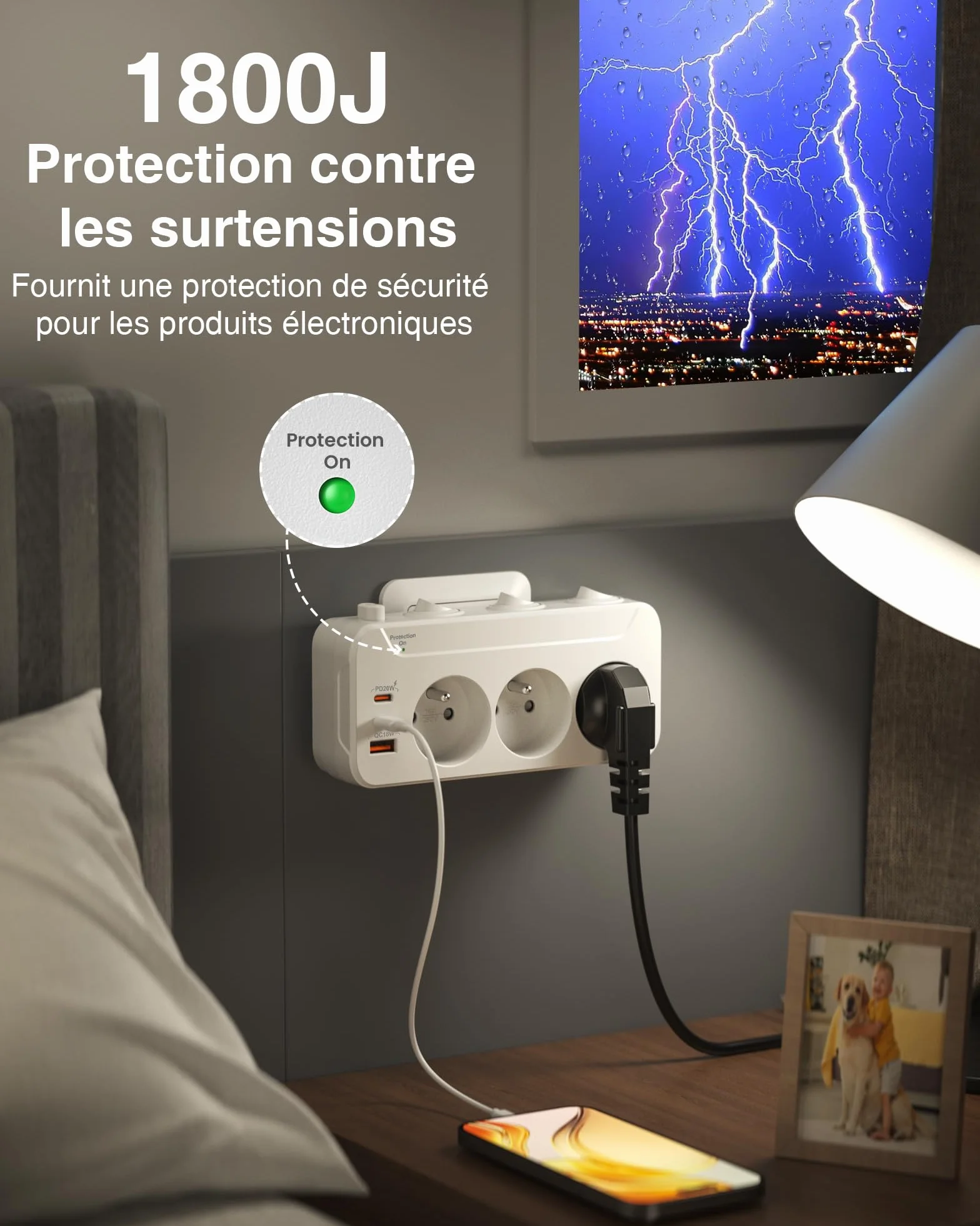 Listwa Zasilająca 3 Gniazdo, PD20W Wielokrotne Gniazdo z Wyłącznikami,Listwa Zasilająca Przeciwprzepięciowa 3 Gniazda Elektryczne,Rozdzielacz Elektryczny Adapter do Gniazdka z Type-c,Biały