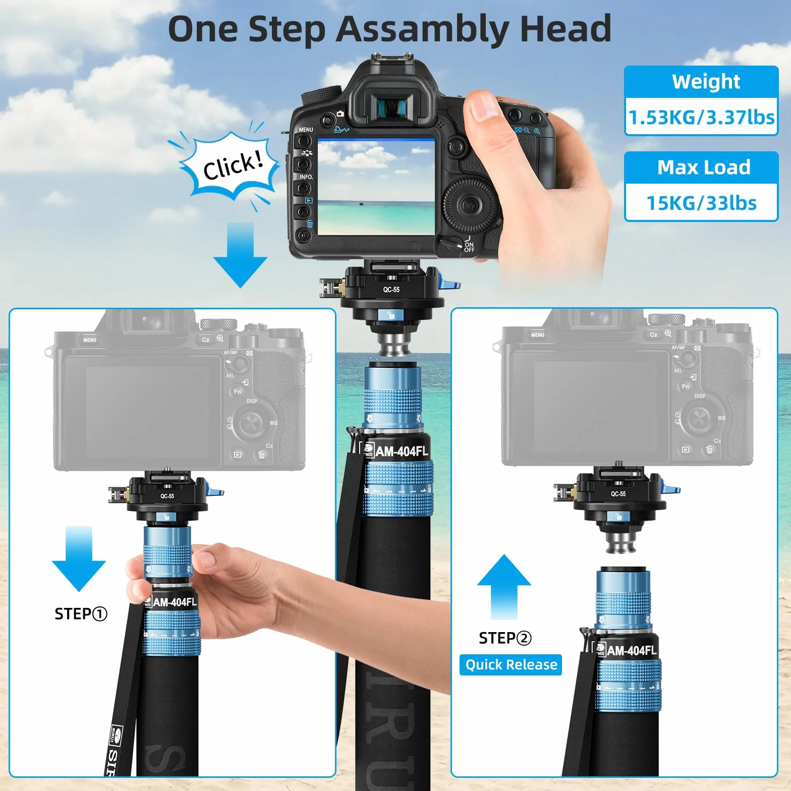 SIRUI Aluminiowy monopod ze stopkami, kompaktowy profesjonalny monopod 192,5 cm do aparatów, obsługuje do 15 kg, kompatybilny z Sony, Canon, Nikon DSLR, AM-404FL+QC-55