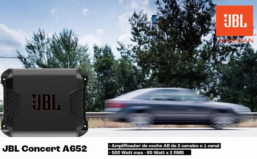 JBL Koncert A652 2-kanałowy wzmacniacz samochodowy klasy AB - wzmacniacz mocy samochodu z 2 x 65 W RMS - 2 lub 1 kanał: 500 W szczyt dla 2 głośników samochodowych lub 1 subwoofera z 170 W RMS