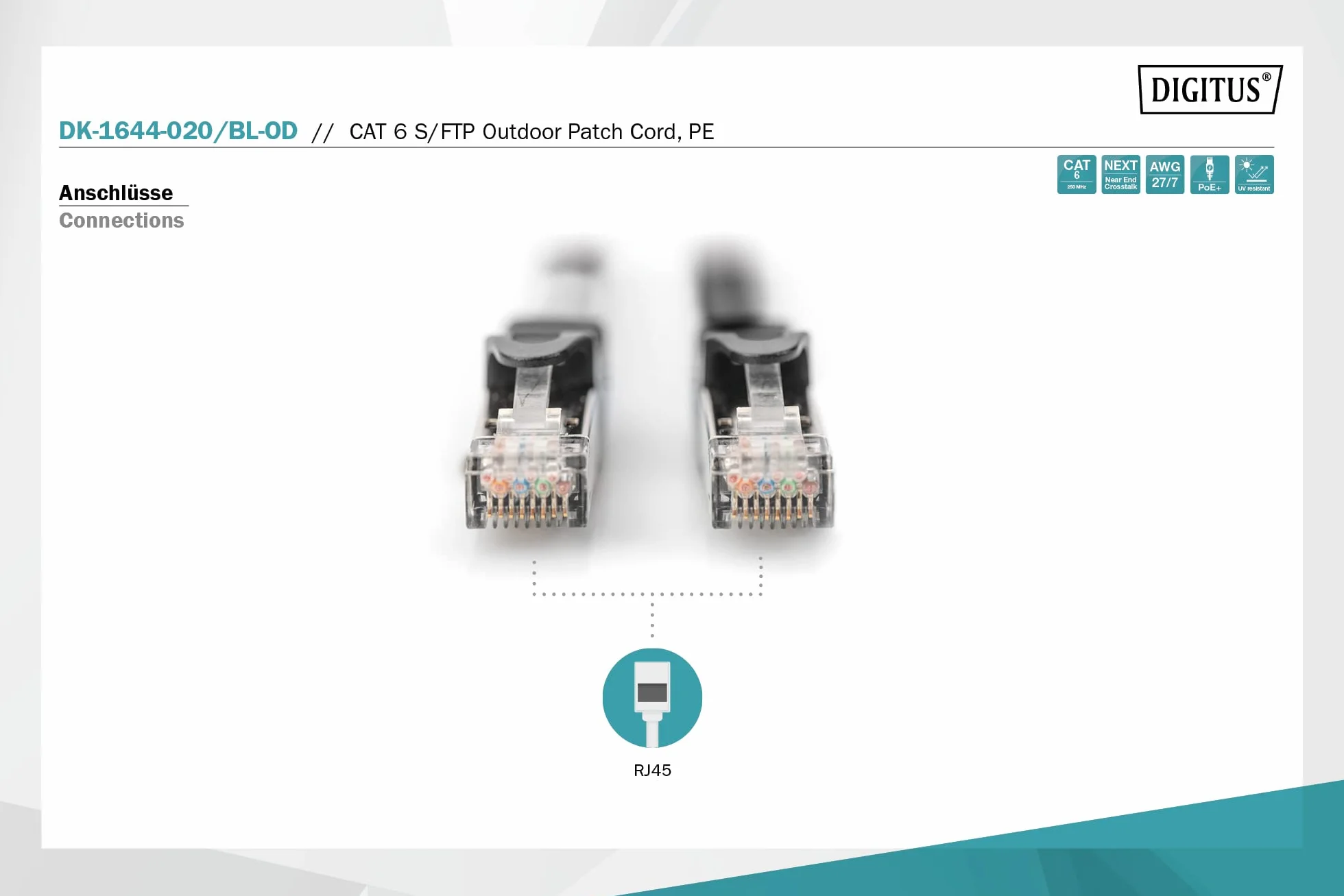 DIGITUS LAN Kabel Cat 6-2m - Zewnętrzny kabel sieciowy - Ekranowany S/FTP - PoE+ & RJ45 - Kompatybilny z Cat 6A - Szary