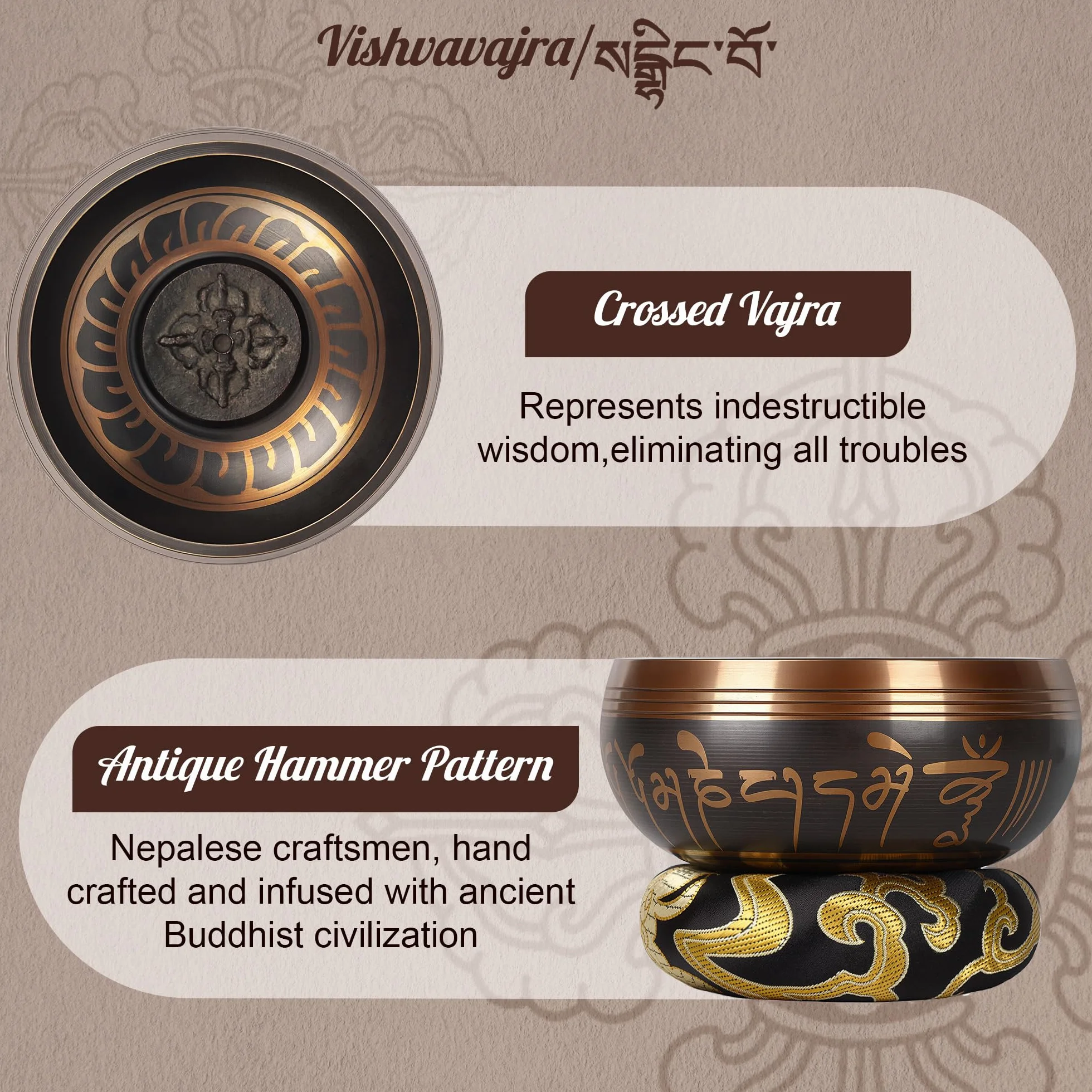 Tybetańska misa dźwiękowa 9 cm, Singing Bowl z perkusją i poduszką, łatwa do gry, ręcznie wykonana w Nepalu, do medytacji i relaksu