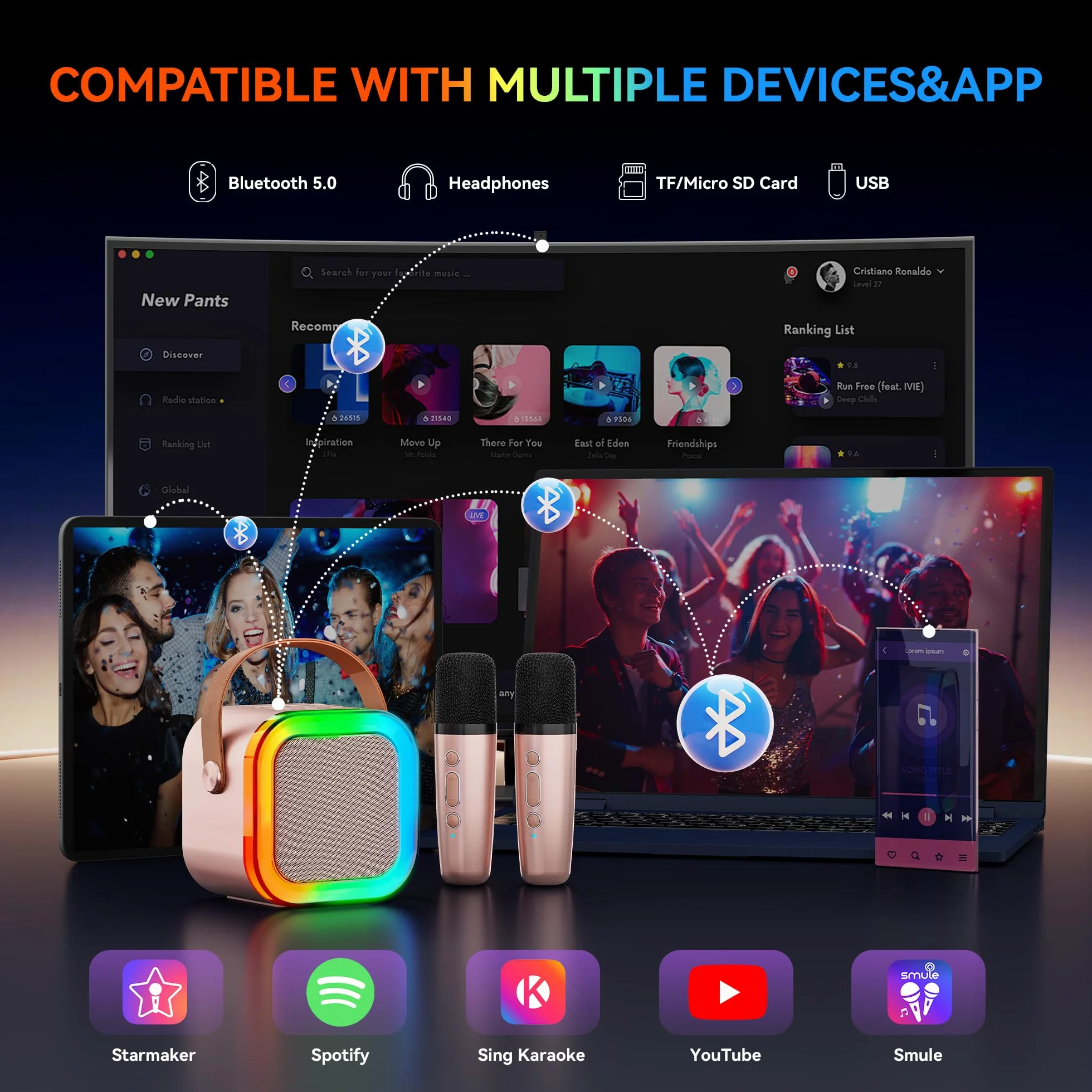 Ankuka urządzenie do karaoke dla dzieci i dorosłych, przenośny mini mikrofon karaoke Bluetooth z 2 bezprzewodowymi mikrofonami i światłem, zabawki dla wszystkich smartfonów, prezent urodzinowy, dla